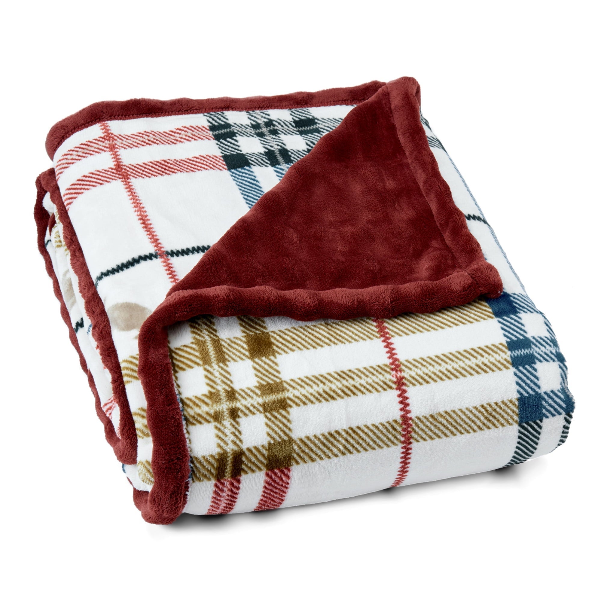 Super Soft Flannel Academic Plaid Tartan Crest with Faux Leather Patch and Milky Mink Reverse Throw, 60x70 inches - Cozy Fleece Throw Blanket for Couch & Bed Detail