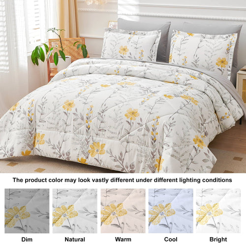 All-Season 3 Piece Comforter Set Queen Yellow Floral Quilt Microfiber Patchwork Bedspread - Hypoallergenic Ultra-Fluffy Quilt for Winter Detail