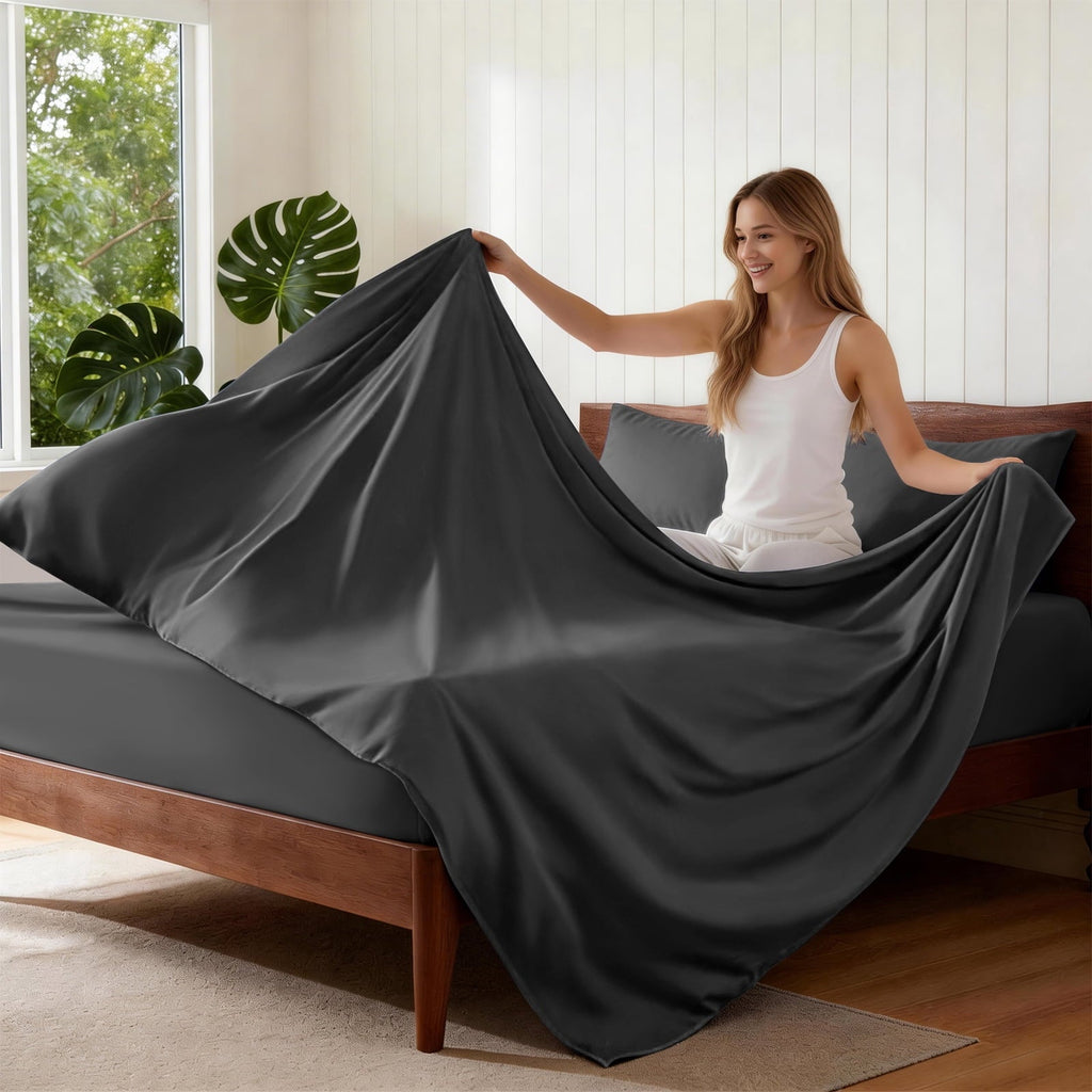 Ultra-Soft Sheets,Soft Hotel Luxury Polyester Washed Cotton,4 Piece Sheets Set,with 14" Deep Pocket,Dark Gray - Breathable Egyptian Cotton Flat & Fitted Sheets Detail