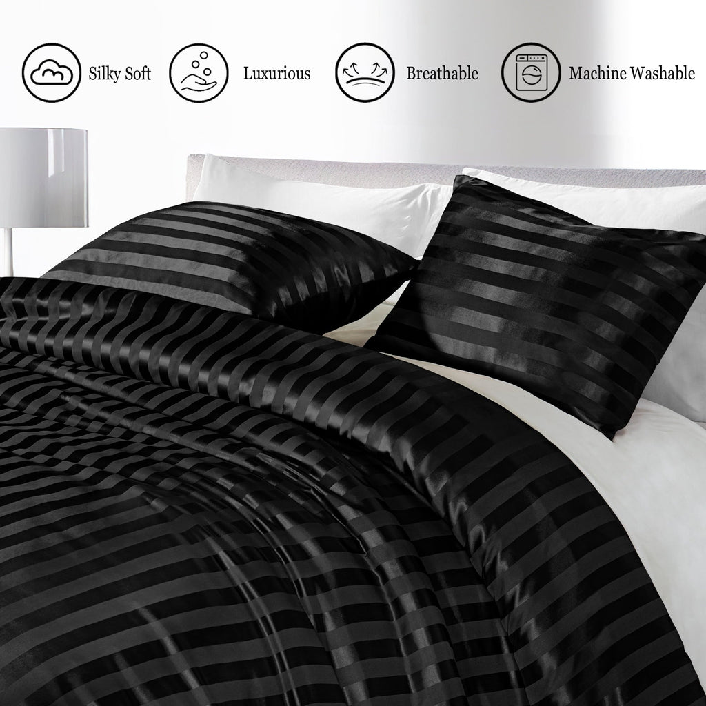 All-Season 3-Piece Reversible Silky Soft King Size Comforter Set, Luxury Stripe Satin Oversized Comforter Bedding Set with 2 Sat... - Hypoallergenic Ultra-Fluffy Quilt for Winter Detail