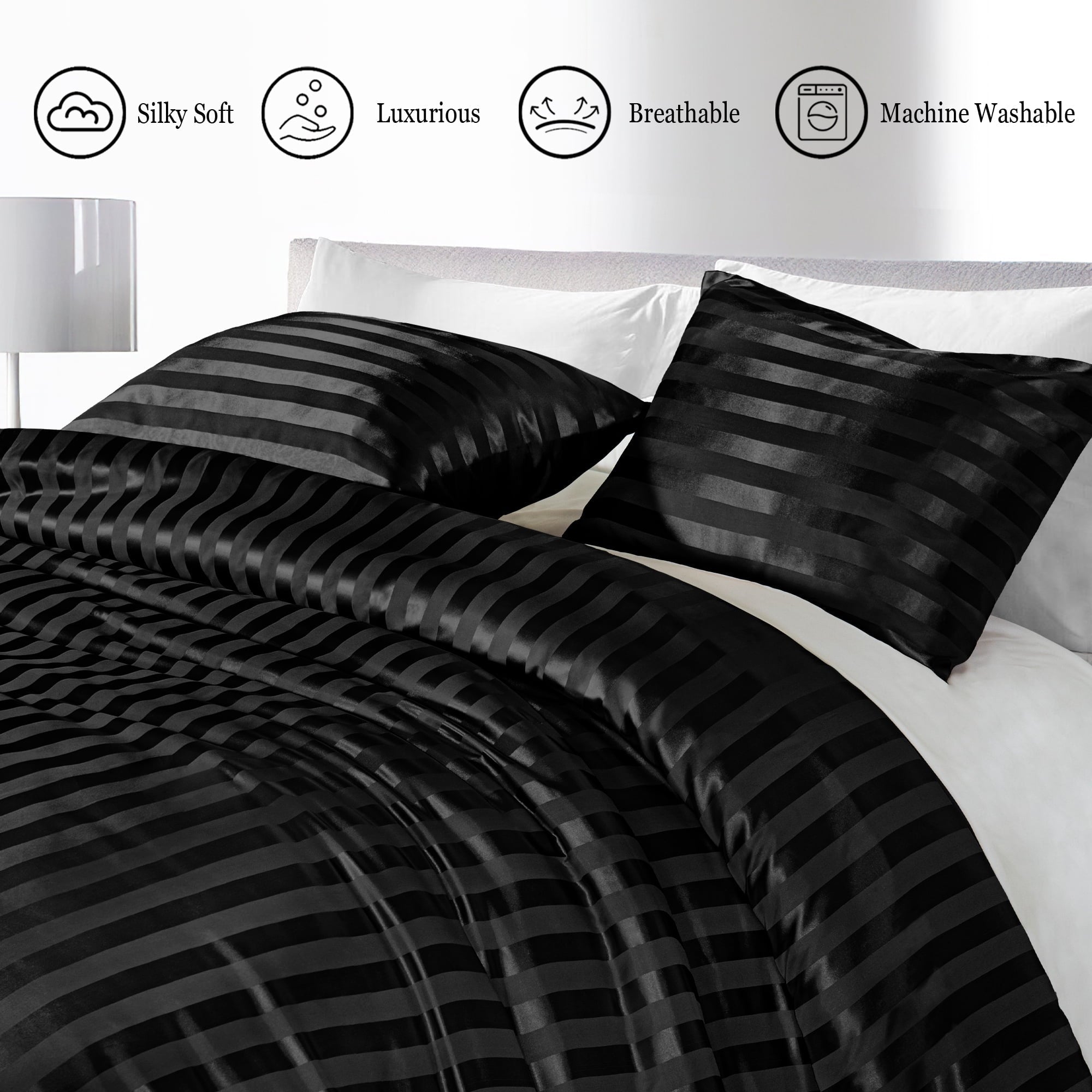 All-Season 3-Piece Reversible Silky Soft King Size Comforter Set, Luxury Stripe Satin Oversized Comforter Bedding Set with 2 Sat... - Hypoallergenic Ultra-Fluffy Quilt for Winter Detail