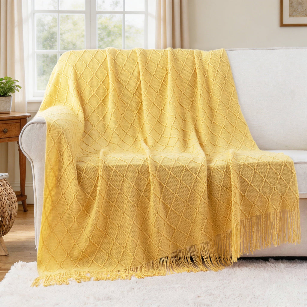 Lightweight Warm Mustard Throw Blanket for Couch,Gold Yellow Knit Throw with Fringe,Outdoor Throw ,50"x60" - Super Soft Reversible Sherpa Flannel Blanket Detail