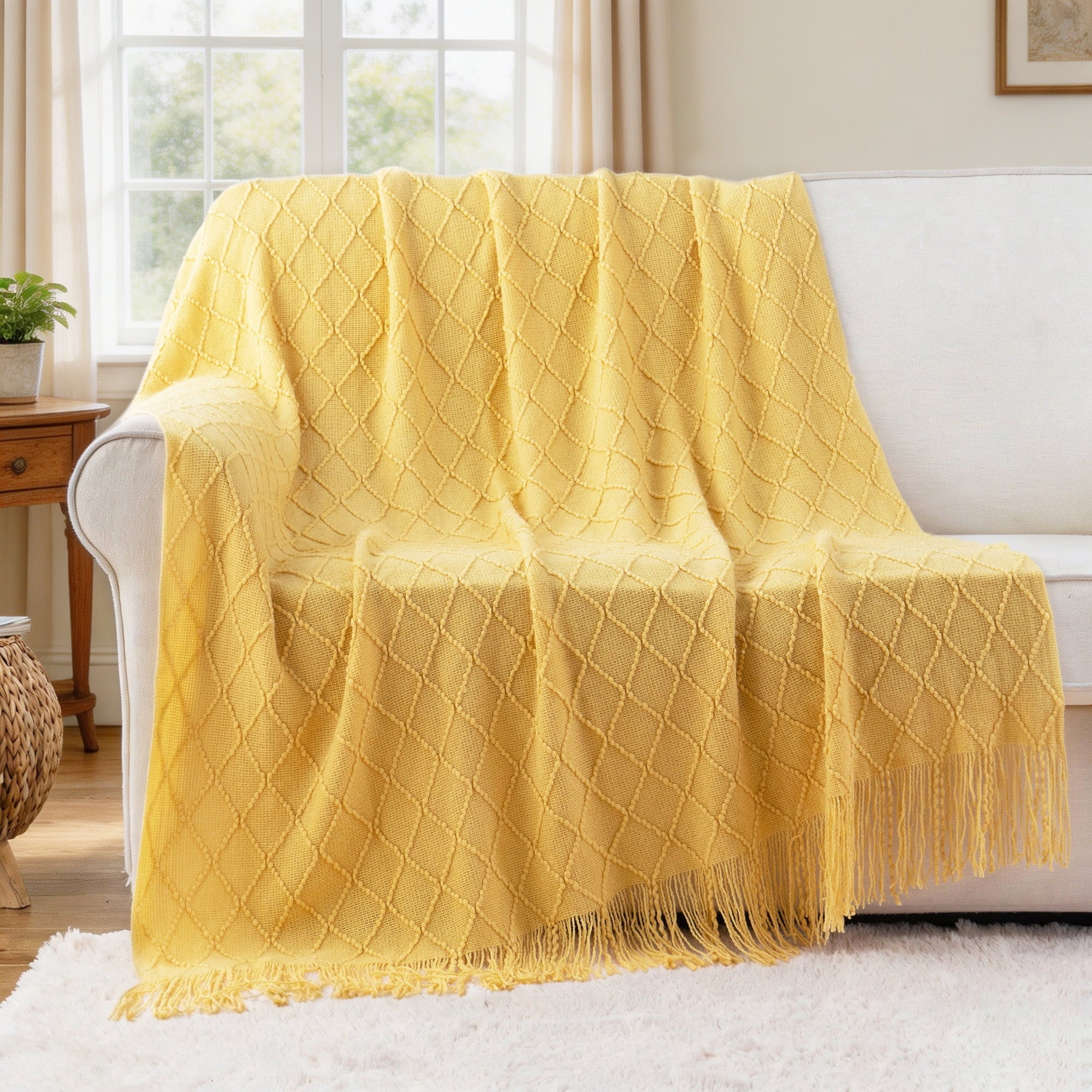 Lightweight Warm Mustard Throw Blanket for Couch,Gold Yellow Knit Throw with Fringe,Outdoor Throw ,50"x60" - Super Soft Reversible Sherpa Flannel Blanket Detail