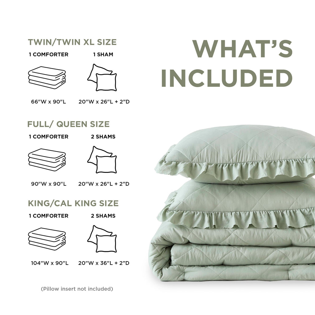 Hypoallergenic Cloud Full/Queen Comforter Set Sage, 3 Pieces Quilted Ruffle Comforters Full/Queen Size, Solid Bedding Comforters Sets, Gif... - Cloud-Like Soft Lightweight Bed Comforter Detail