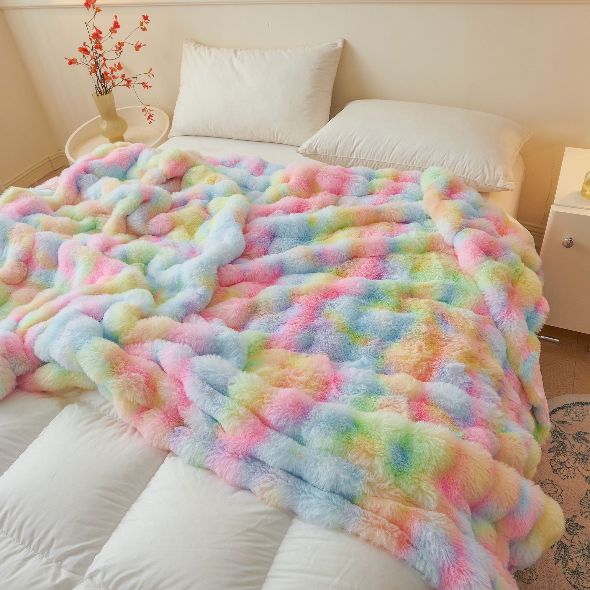 Cozy Fleece Fluffy Faux Rabbit Fur Bubble Throw, Rainbow Plush Shaggy Blanket for Couch Sofa Chair, Soft Tie Dye Furry Blanket Ad... - Cozy Fleece Throw Blanket for Couch & Bed Detail