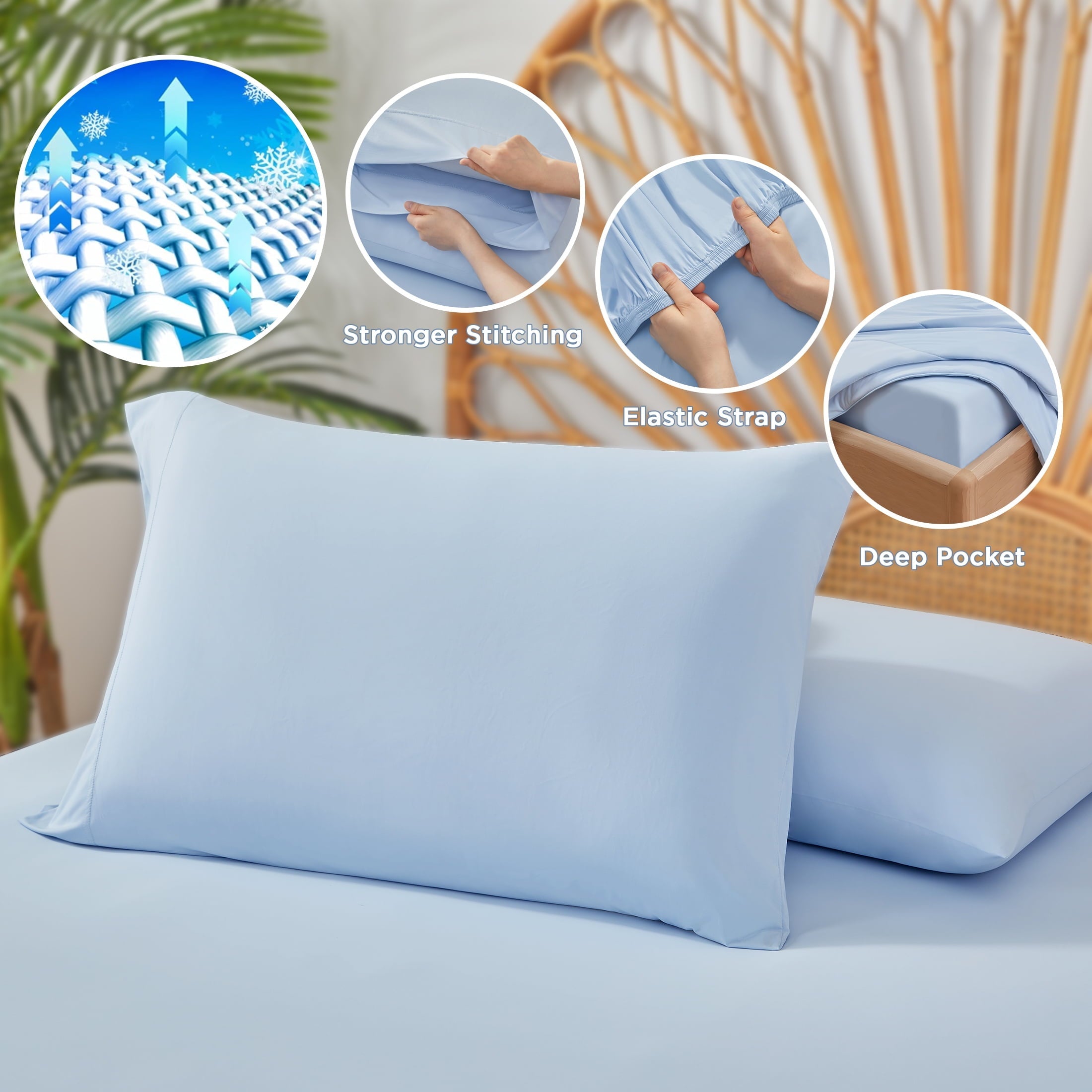 Cooling Sateen Full/QueenSize Sheet Set, 3 Piece Cooling Bed Sheet with Deep Pocket for Hot Sleepers, Ice Blue - Luxury Bed Sheet Set with Deep Pockets Detail