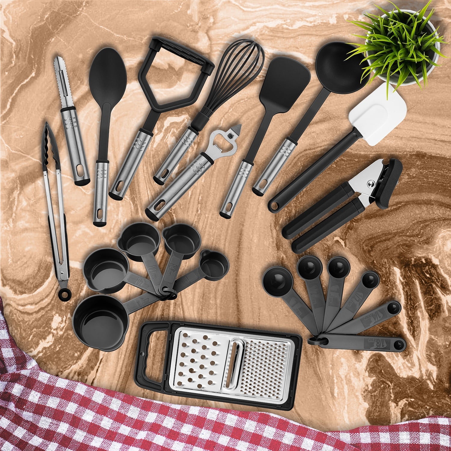 Ergonomic Cooking 23 Piece Kitchen Utensils Set - Nylon and Stainless Steel Cooking Utensils Set - Black Utensil K... - Premium Stainless Steel Cooking Utensil for Non-Stick Pots Detail