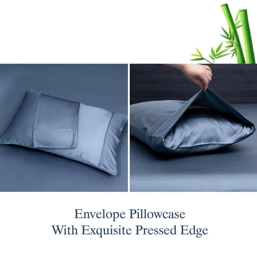 Wrinkle-Resistant Luxury Bamboo Bed Sheets Set Full 4 Pcs for Adult,Soft&Cool,16" Deep Pocket,Blue Gray - Premium Ultra-Soft Pillowcase Pair for Sleeping Detail