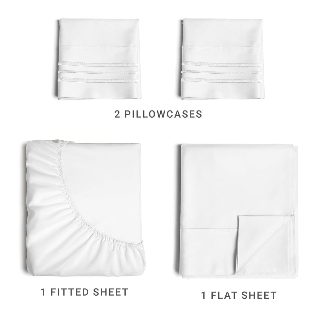Wrinkle-Resistant 4-Piece Ultra Soft & Comfy Hotel Luxury Sheet Set - Full Size Cooling Bed Sheet Fits 8"-16" Mattresses, White - Cooling Hotel Quality Bedding Sheets and Pillowcases Detail