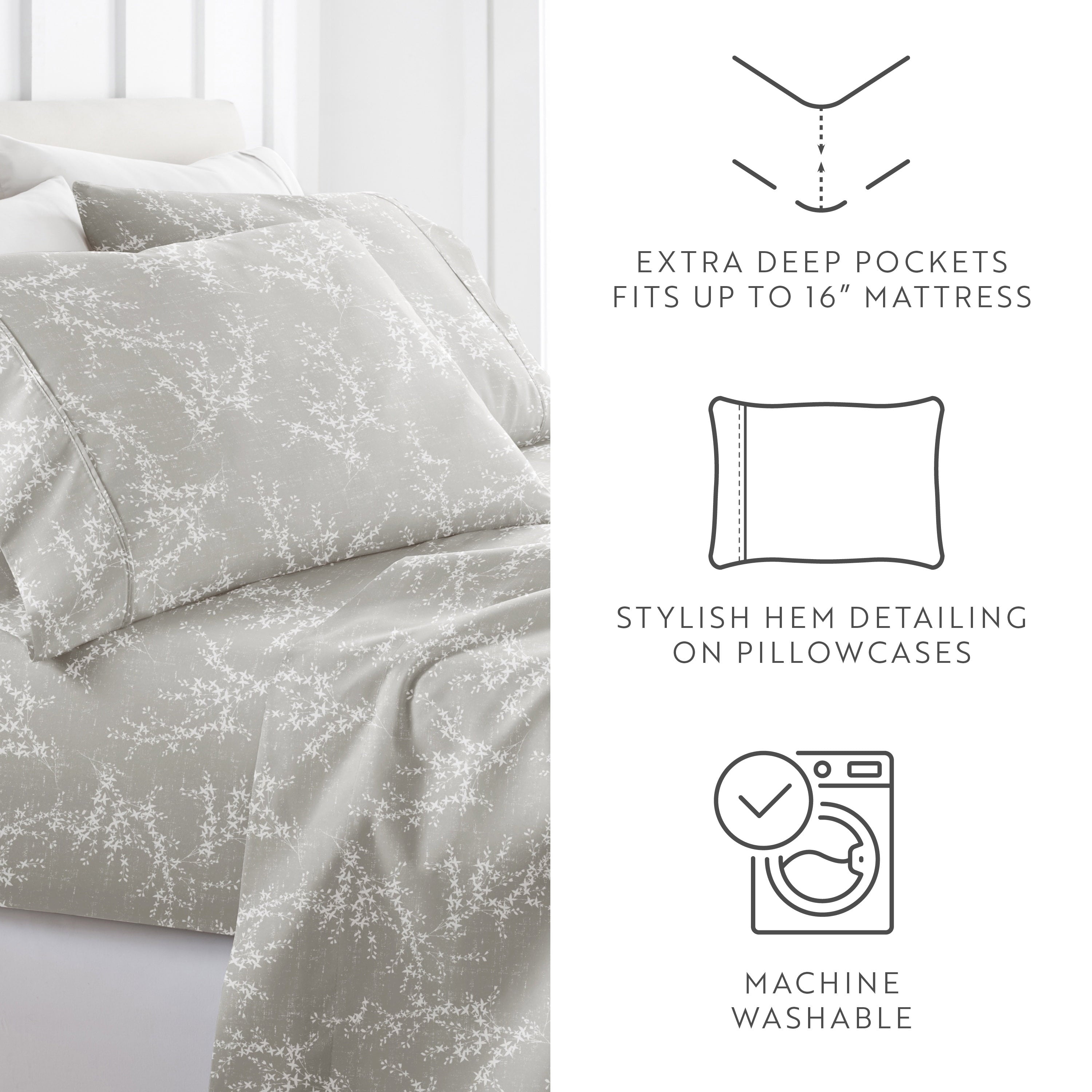 Cooling Sateen 3 Piece Pattern Microfiber Bed Sheets Set, Distressed Willow Light Gray, Twin - Premium Ultra-Soft Pillowcase Pair for Sleeping Detail