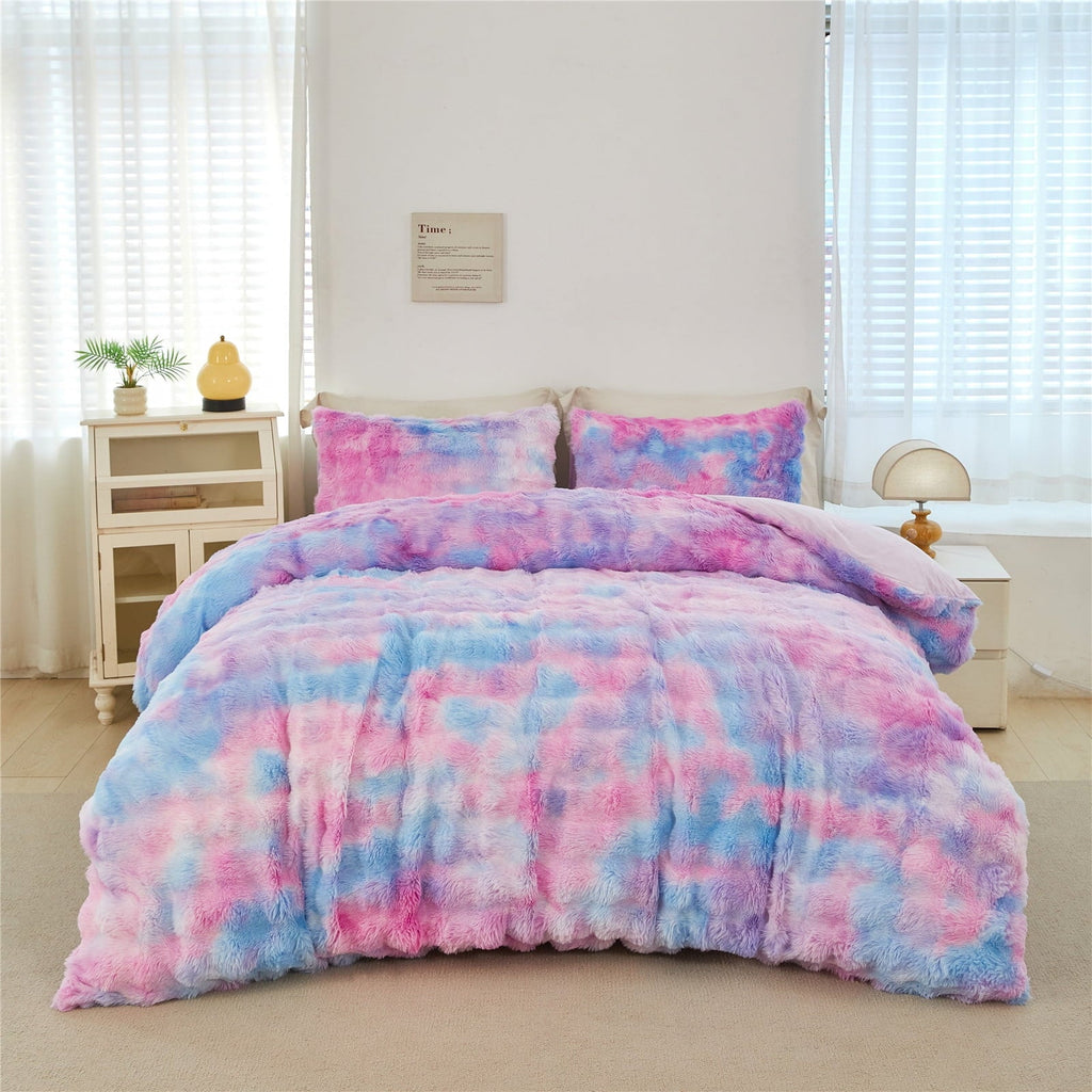 All-Season Faux Rabbit Fur Comforter Set Twin 3Pcs Girls Blue Purple Bedding Set Tie-Dyeing Soft Bed Comforter Set Warm Fuzzy Ki... - Luxurious Quilted Duvet Cover Set Detail