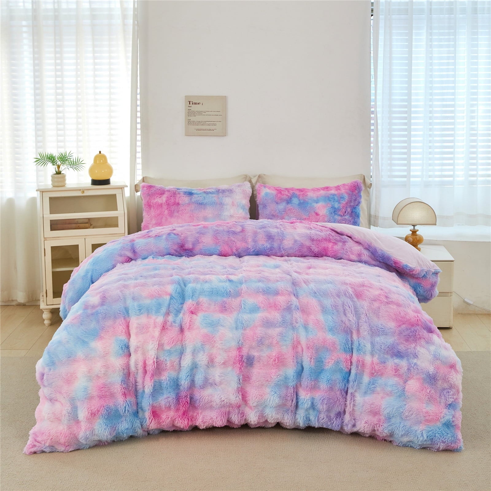All-Season Faux Rabbit Fur Comforter Set Twin 3Pcs Girls Blue Purple Bedding Set Tie-Dyeing Soft Bed Comforter Set Warm Fuzzy Ki... - Luxurious Quilted Duvet Cover Set Detail