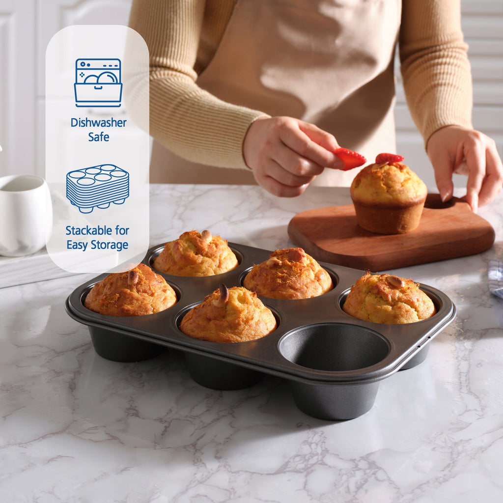 Ergonomic Manual 6 Cup Jumbo Muffin Pan, Non-Stick Bakeware,3.4 inch Diameter Cups,Gray,Carbon Steel - Kitchen Gadget Tool for Quick Food Prep Detail