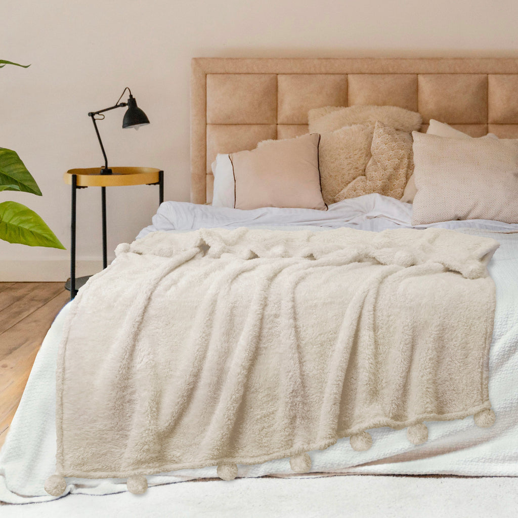 Super Soft Flannel Ivory Cream Sherpa Throw Blanket with Soft Pom Pom Fringe, Plush Cozy Warm Blankets for Couch Bed Sofa, Fuzzy Fleece ... - Luxury Knitted Decorative Throw Blanket with Fringes Detail