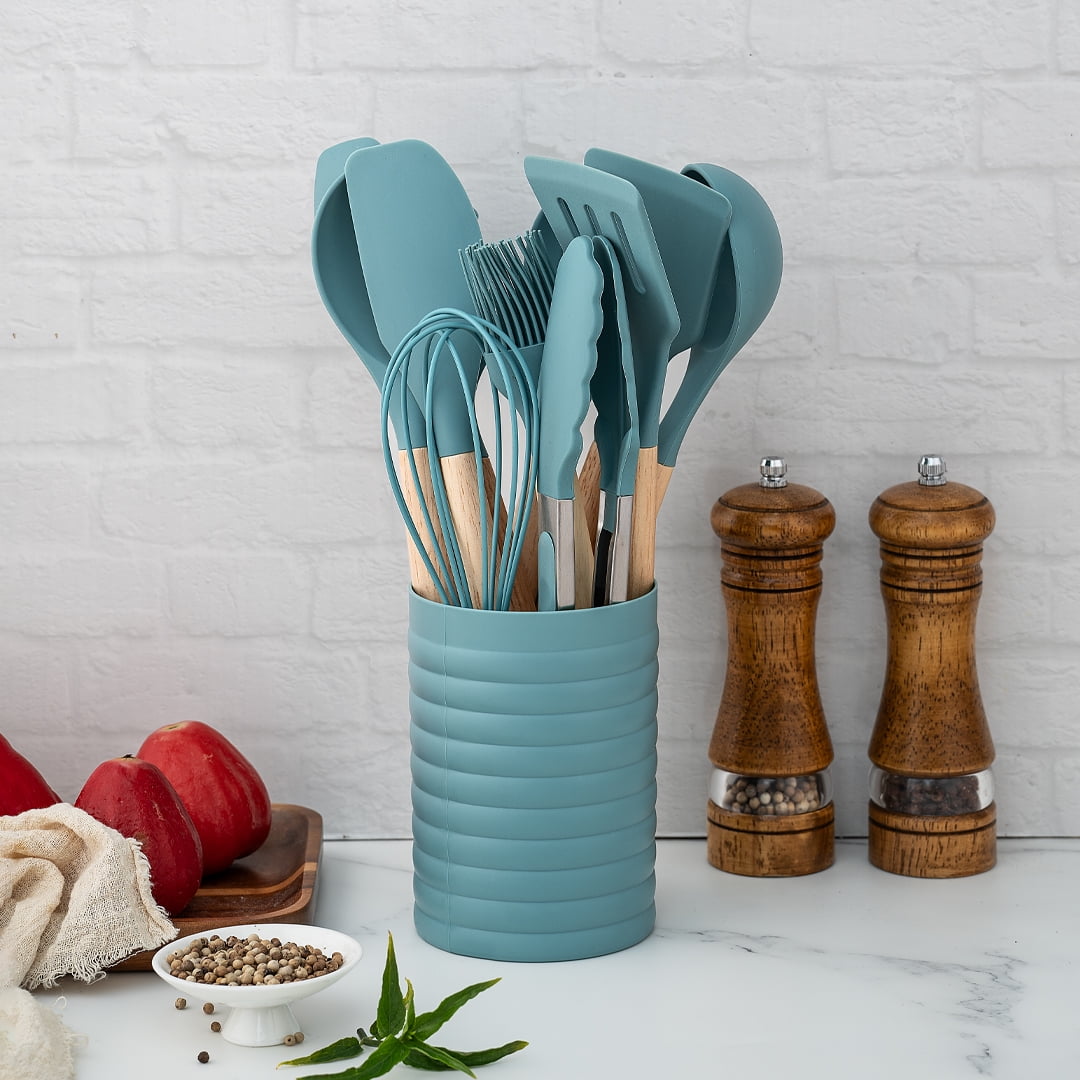 Heat-Resistant Small Silicone Cooking Utensils with Holder Set (12Pack), Aqua Kitchen Tools with Wooden Handle for Nonstick... - Premium Stainless Steel Cooking Utensil for Non-Stick Pots Detail