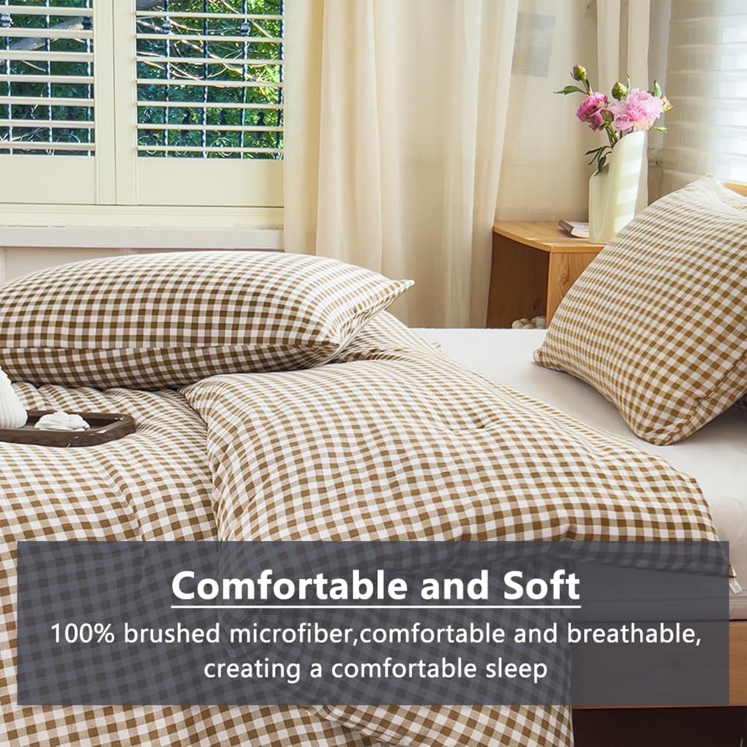 All-Season Tan Gingham Queen Comforter Set, Taupe Plaid Bedding Set, Checked Bed Comforter 3 Pieces(Tan Gingham, Queen) - All-Season Down Alternative Comforter Insert Detail