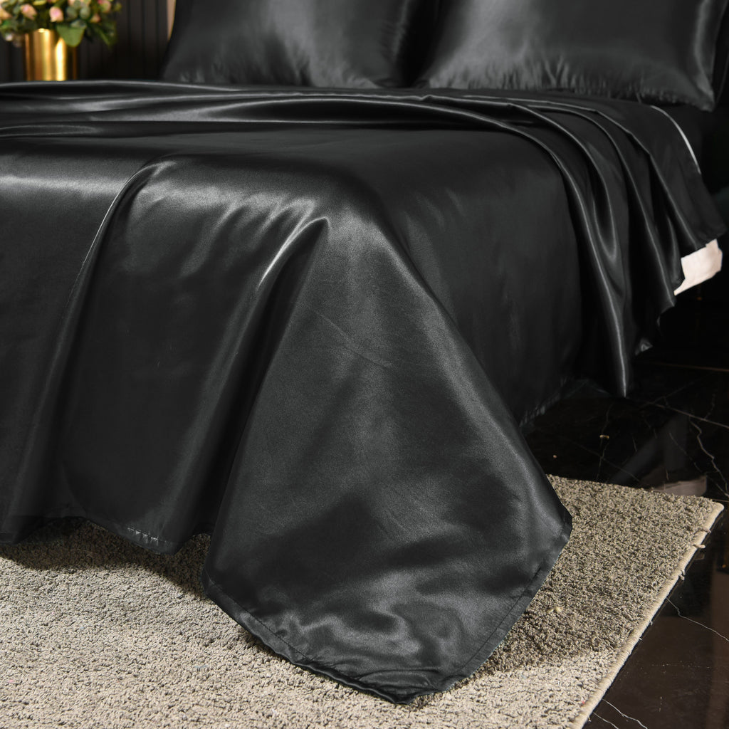 Cooling Sateen Satin Sheets Full Black Luxury Silky Bed Sheets 1800 Microfiber Sheet Set 4 Pcs - Premium Ultra-Soft Pillowcase Pair for Sleeping Detail
