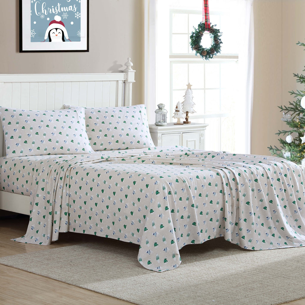 Wrinkle-Resistant Winter Nights Cotton Flannel Sheet Set, King, Holiday Bears - Breathable Egyptian Cotton Flat & Fitted Sheets Detail