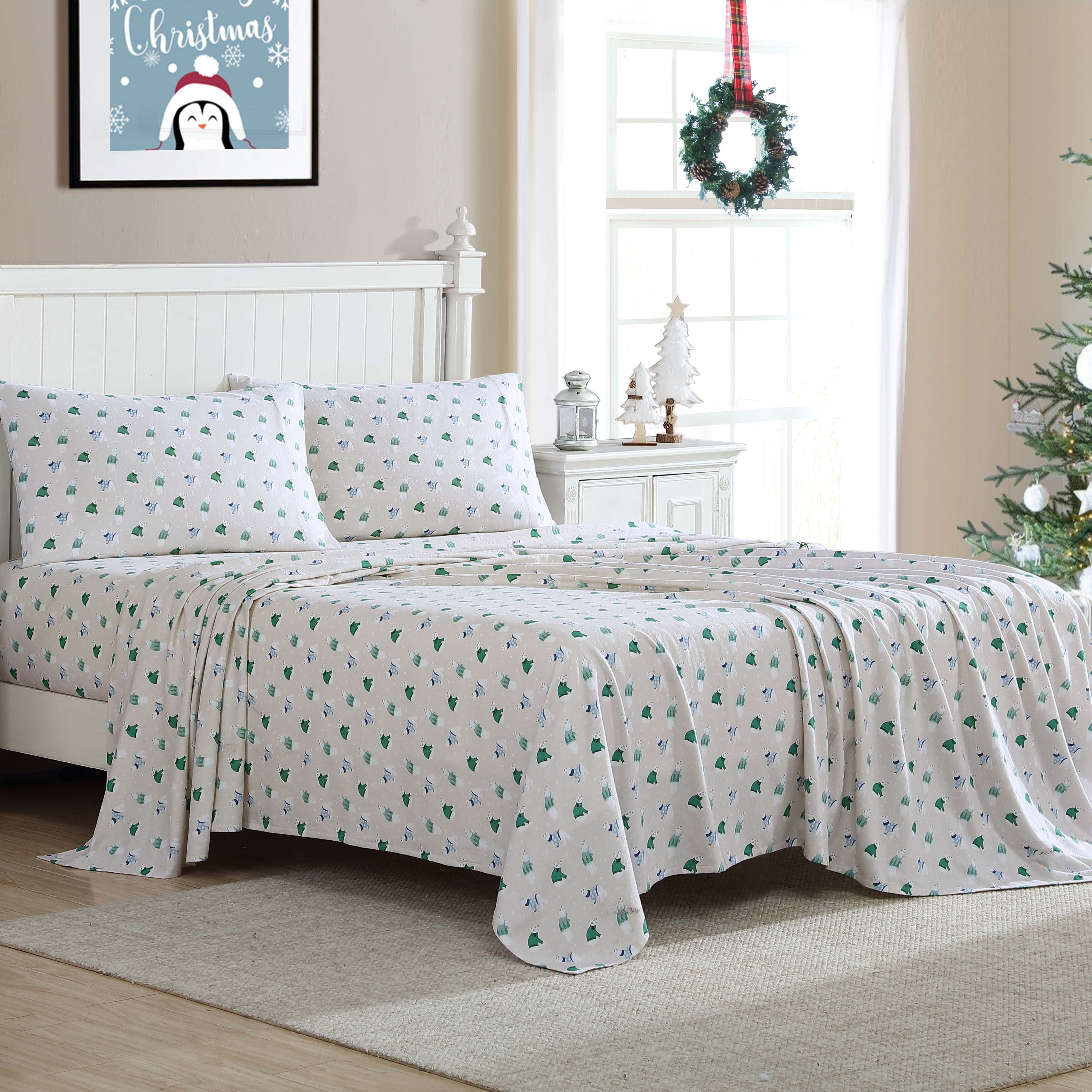 Wrinkle-Resistant Winter Nights Cotton Flannel Sheet Set, King, Holiday Bears - Breathable Egyptian Cotton Flat & Fitted Sheets Detail