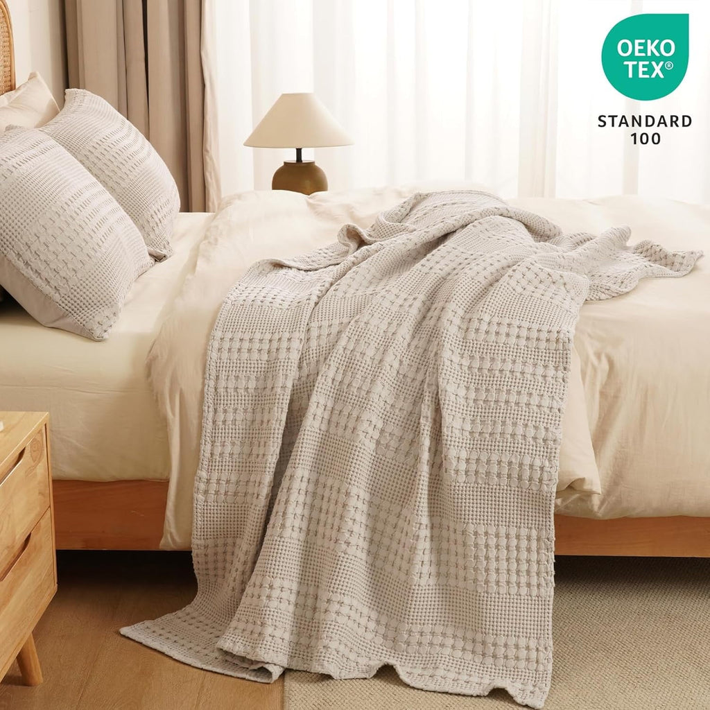 Decorative Knitted 100% Cotton Waffle Weave Blanket, Lightweight Throw Washed Blanket for Bed Sofa Home Decor, Oatmeal, 50"x60" - Cozy Fleece Throw Blanket for Couch & Bed Detail