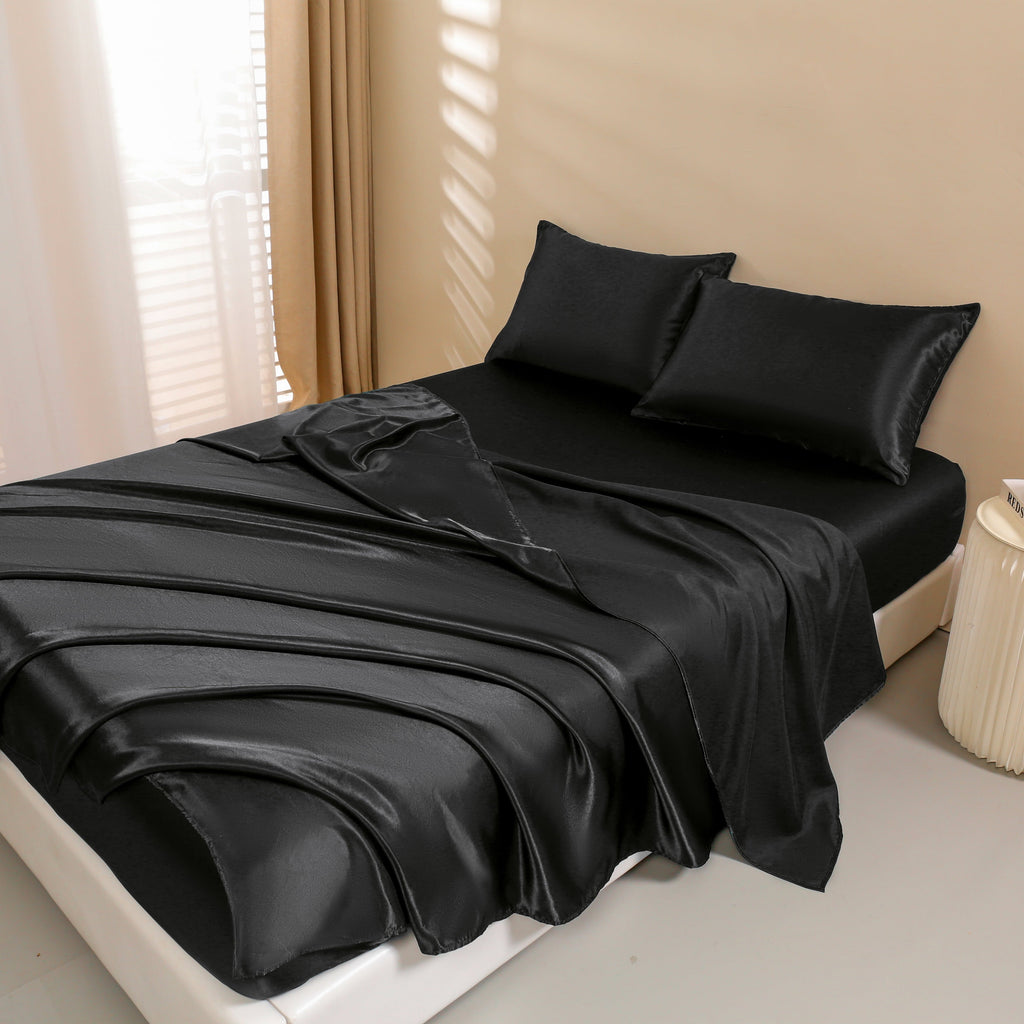 Ultra-Soft 4Pcs Black Satin Sheets Queen Set Silk Sheets 13" Deep Pocket Ultra Soft silky Bed Sheet Set - Luxury Bed Sheet Set with Deep Pockets Detail