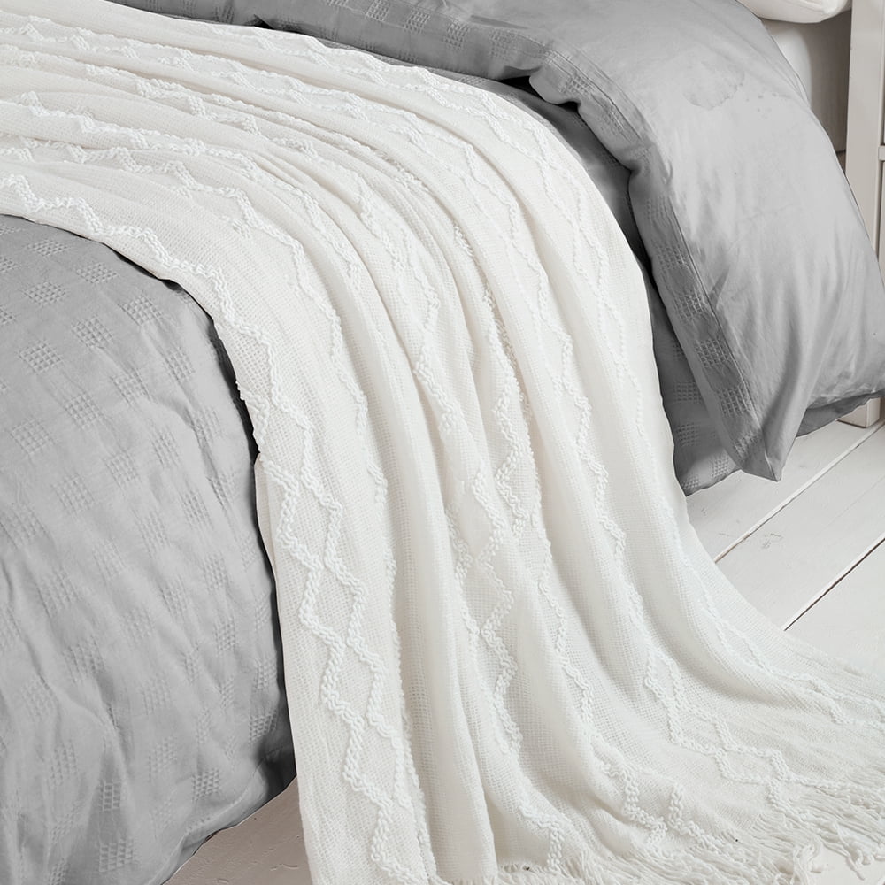 Super Soft Flannel Fluffy Chenille Knitted Fringe Throw Blanket, Lightweight Soft Cozy Bed Sofa Chair Blanket, White, 50" x 60" - Luxury Knitted Decorative Throw Blanket with Fringes Detail