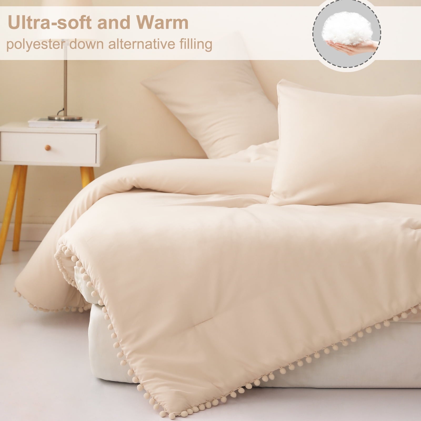 All-Season Boho Pom Pom Ball Fringe King Size Comforter Set, 3 Pieces Beige Lightweight Down Alternative Bedding Comforter Sets ... - Luxurious Quilted Duvet Cover Set Detail