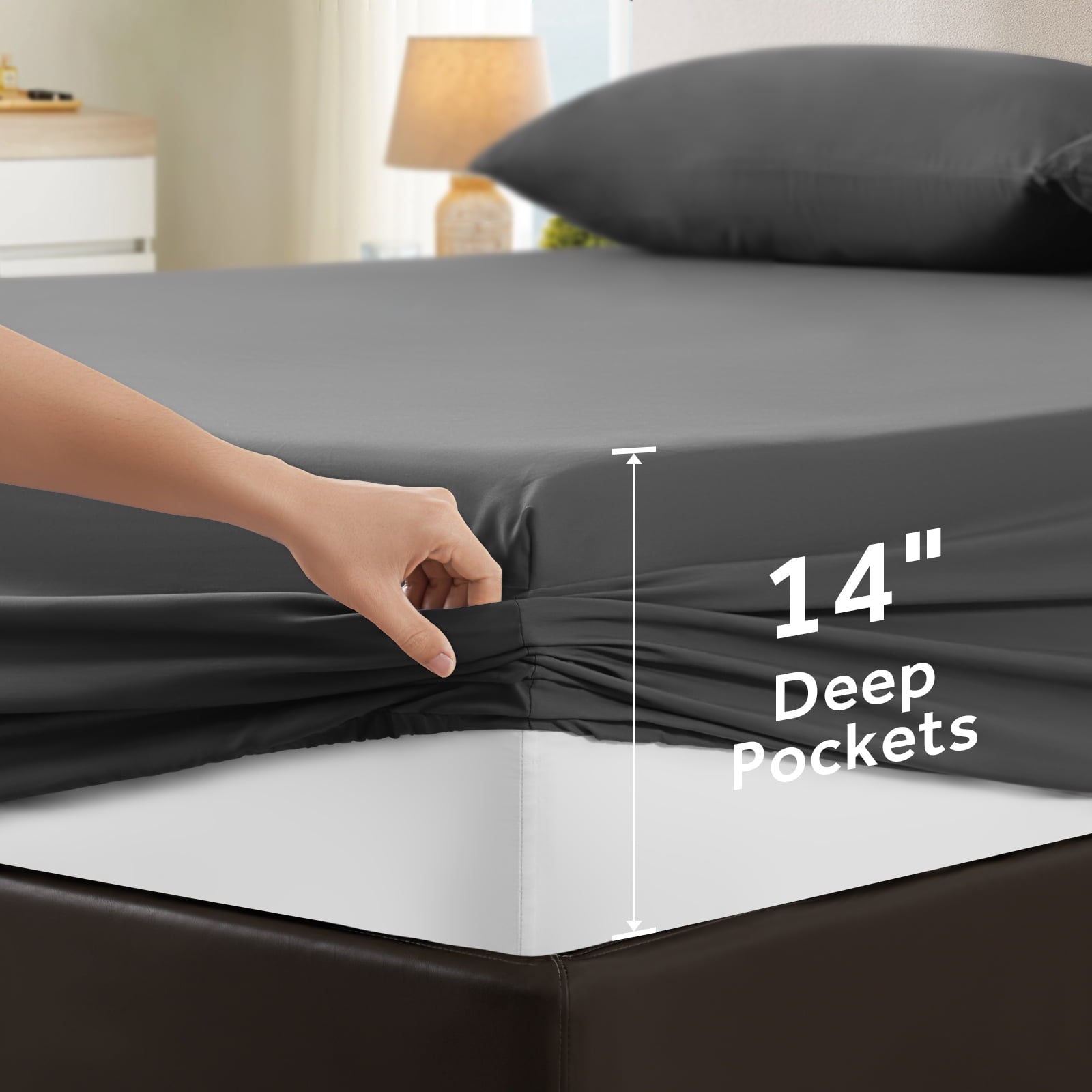 Ultra-Soft Sheets,Soft Hotel Luxury Polyester Washed Cotton,4 Piece Sheets Set,with 14" Deep Pocket,Dark Gray - Breathable Egyptian Cotton Flat & Fitted Sheets Detail