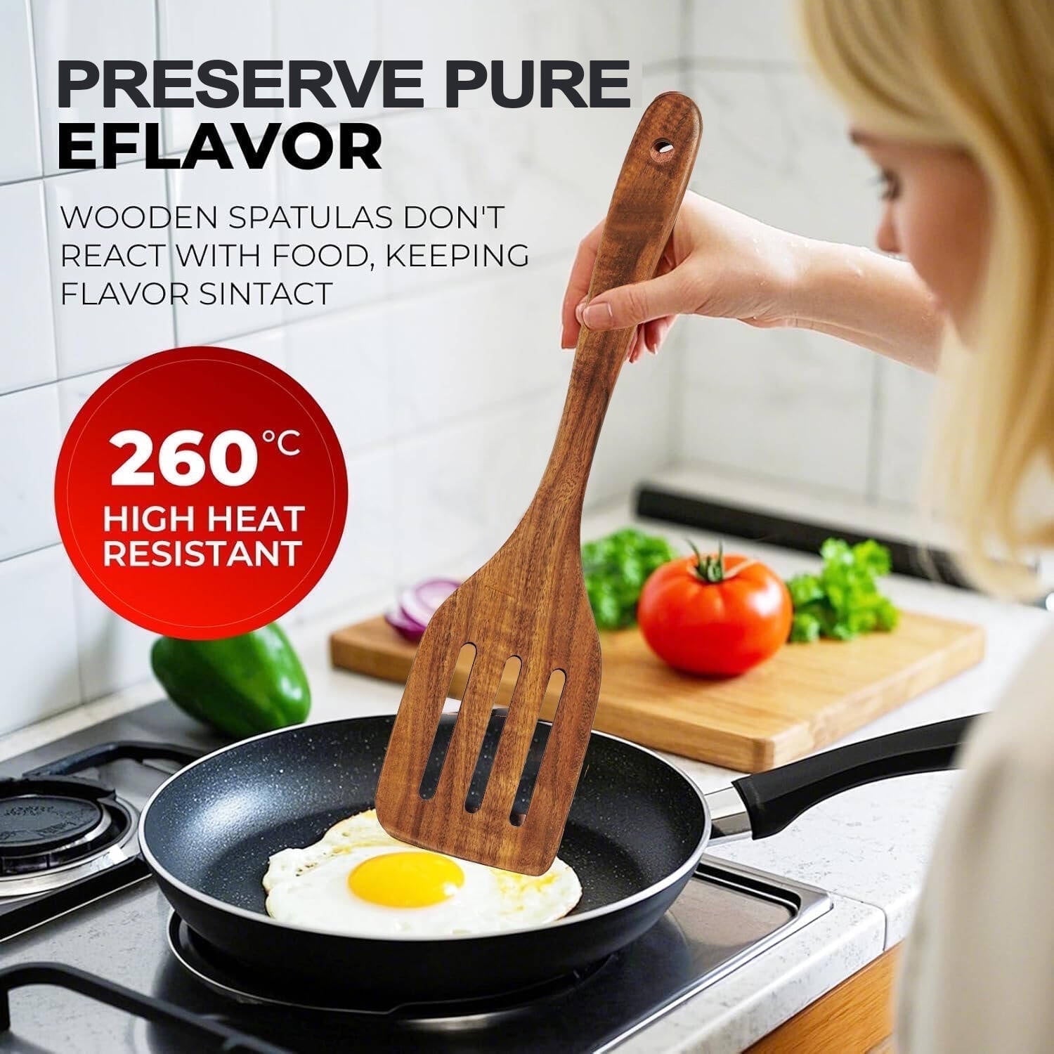 Non-Stick Safe 6-Piece Natural Teak Wooden Spoons for Cooking With 10 Hooks，Handcrafted Kitchen Utensils Set ，Ideal Gift Set - Ergonomic Kitchen Tongs and Cooking Spoon Utensil Detail