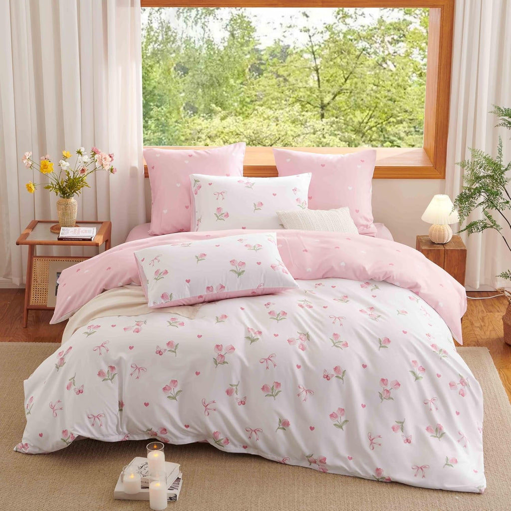 Heavyweight Warmth Pink Tulip Queen Comforter Set, 3-Piece Pink Flowers Reversible Soft Bedding Set or Adults All Season - Luxurious Quilted Duvet Cover Set Detail