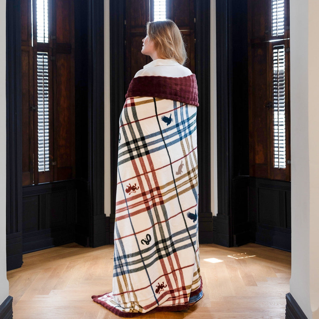 Super Soft Flannel Academic Plaid Tartan Crest with Faux Leather Patch and Milky Mink Reverse Throw, 60x70 inches - Cozy Fleece Throw Blanket for Couch & Bed Detail