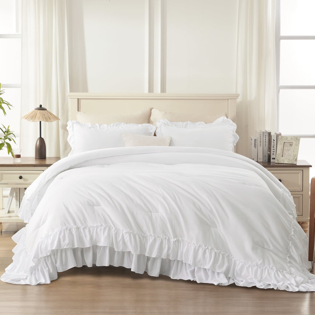 Luxurious Quilted Queen Comforter Set White - 3 Pieces Soft Fluffy Ruffle Bedding Comforter Sets for Queen Bed, All Season Farmhouse Li... - Luxurious Quilted Duvet Cover Set Detail