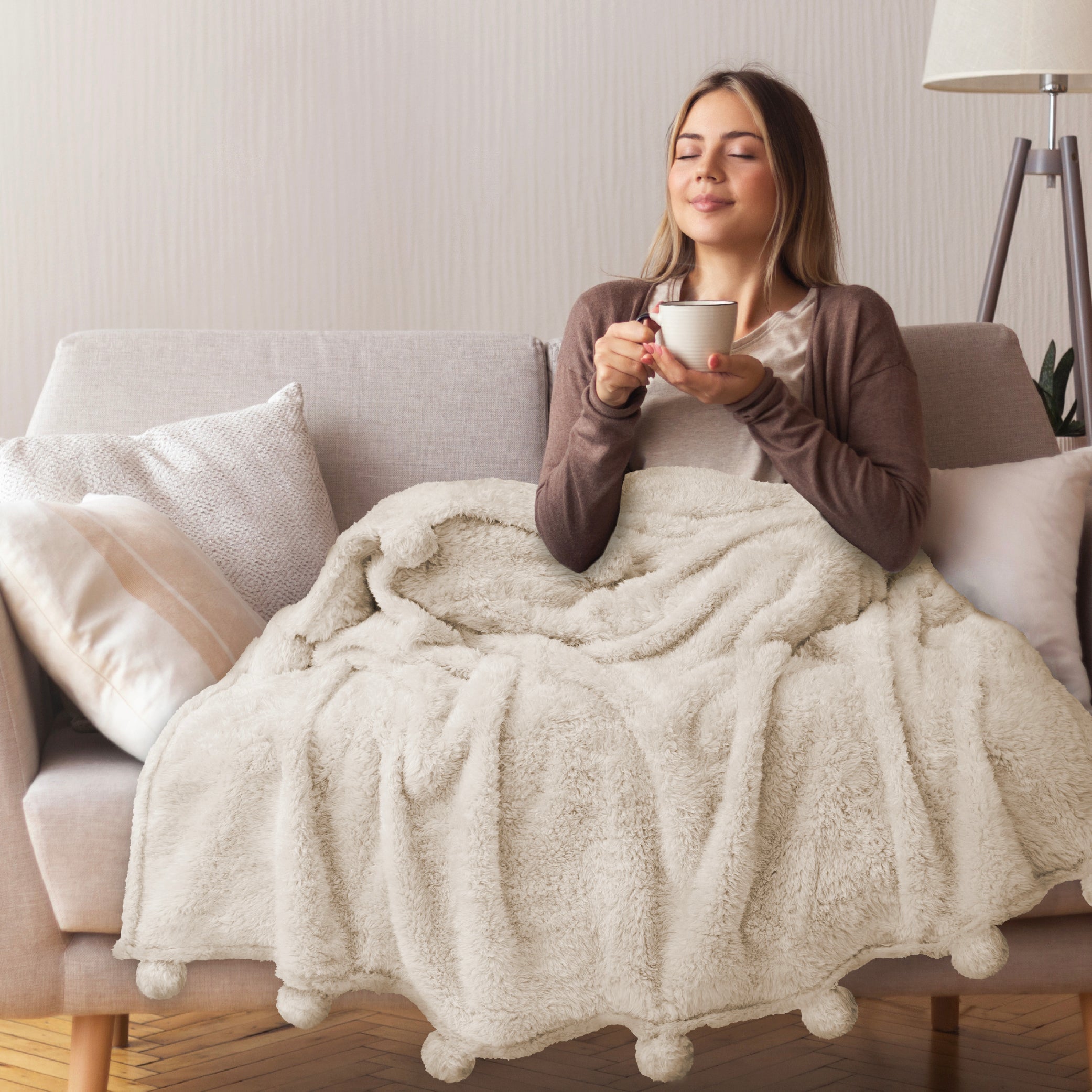 Super Soft Flannel Ivory Cream Sherpa Throw Blanket with Soft Pom Pom Fringe, Plush Cozy Warm Blankets for Couch Bed Sofa, Fuzzy Fleece ... - Luxury Knitted Decorative Throw Blanket with Fringes Detail
