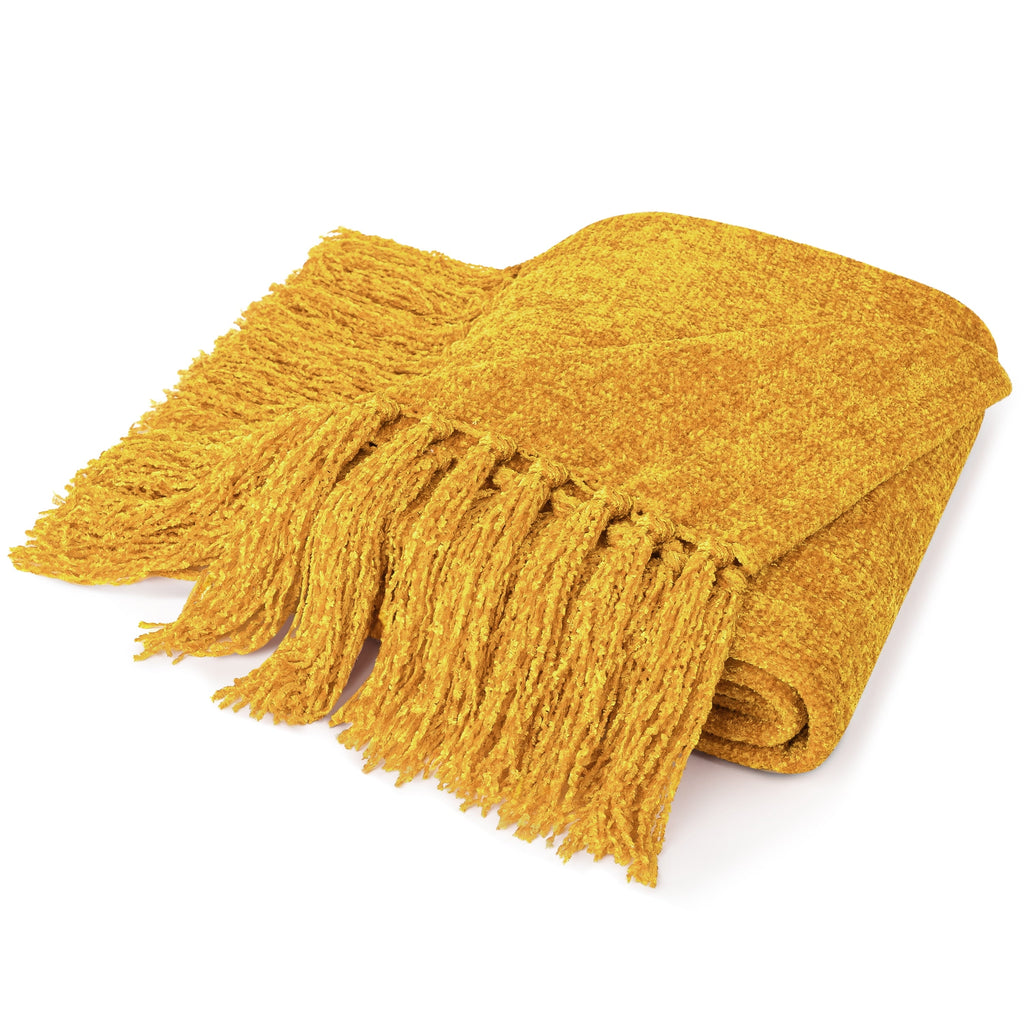 Decorative Knitted Mustard Yellow Chenille Throw Blanket for Couch, Soft Gold Knit Blanket with Tassel Fringe, Woven Chenille Knitted De... - Lightweight Plush Warm Blanket for All Seasons Detail