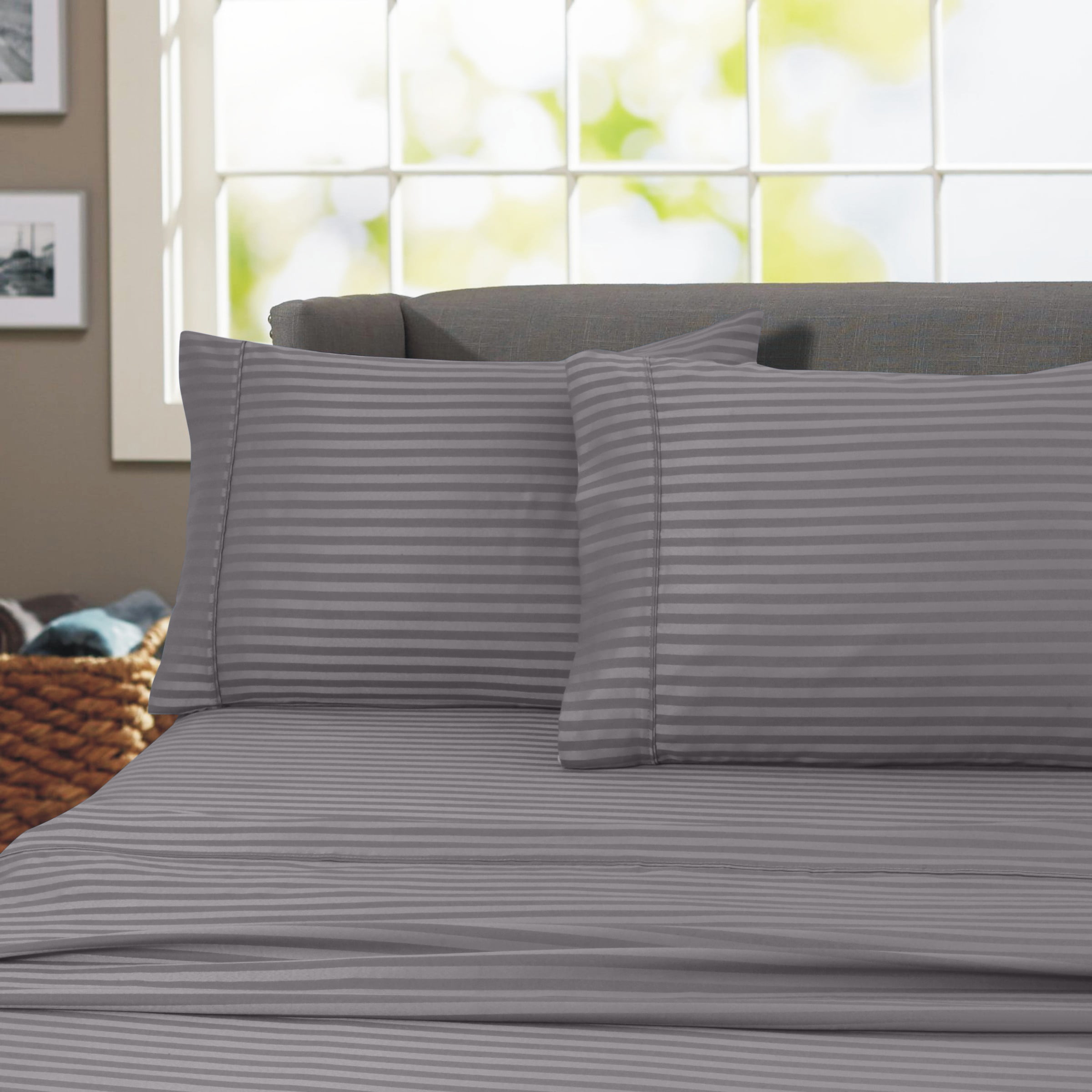 Premium Egyptian Cotton 600 100% Cotton Wrinkle Free Striped Sheet Set (Twin, Gray) - Premium Ultra-Soft Pillowcase Pair for Sleeping - Default Title