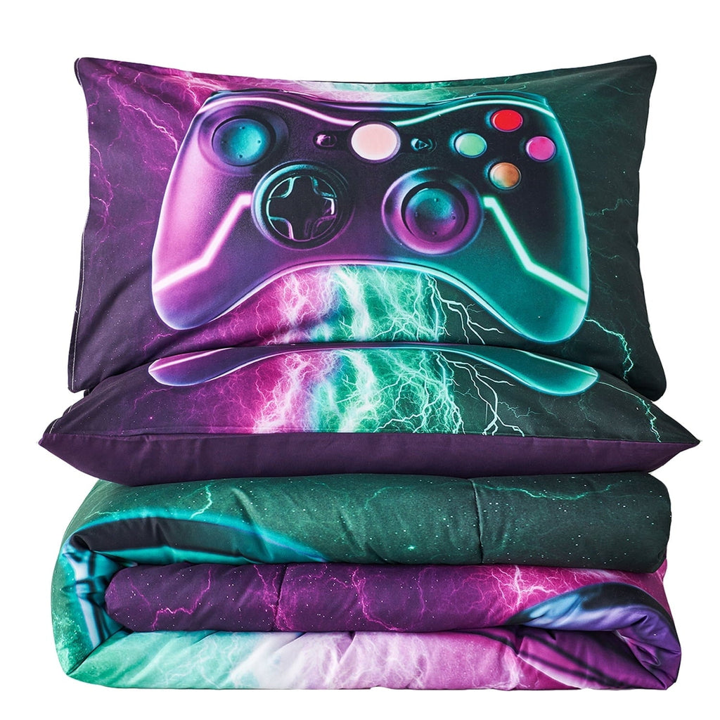 Heavyweight Warmth Queen Size Gaming Comforter Set for Boys,3-Piece 3D Green Purple Lightning Game Controller Bedding Set for Kids Teens - All-Season Down Alternative Comforter Insert Detail