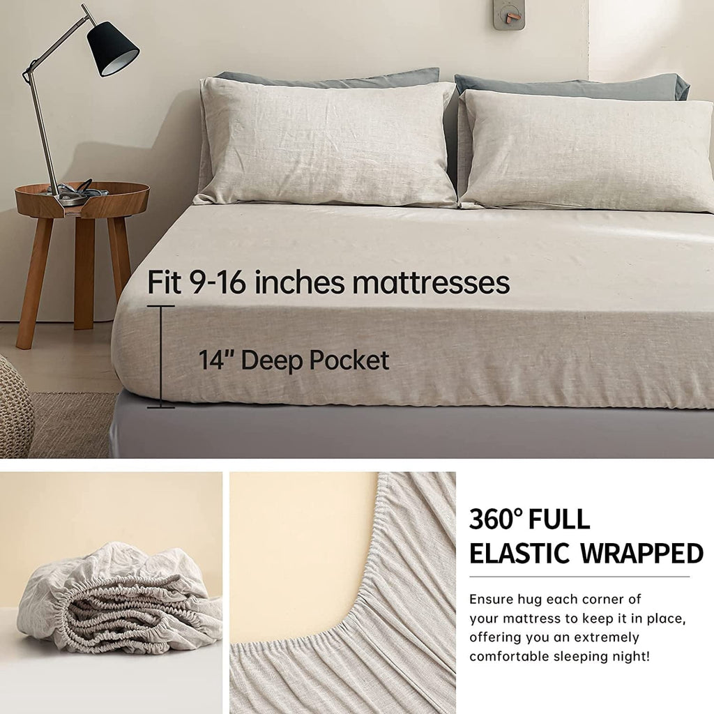 Breathable Luxury 100% Linen Sheet Set Solid Color-4 Pcs Washed French Linen Bed Sheets(1 Flat Sheet,1 Fitted Sheet,2 Pillowcases)-Brea... - Luxury Bed Sheet Set with Deep Pockets Detail