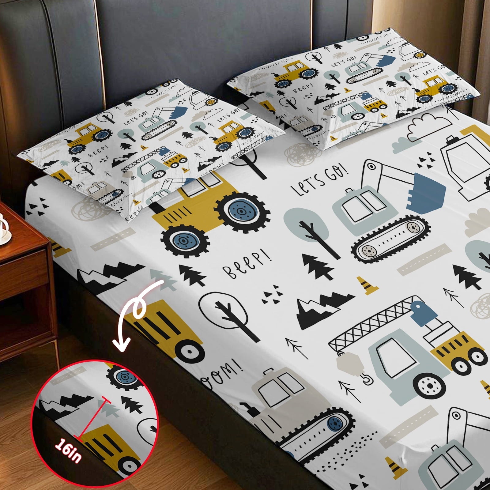 Breathable Luxury Cartoon Excavator Sheet Set for Kids Boys Truck Construction Bedding Set Engineering Vehicle Bed Sheet Sets with 1 Fi... - Cooling Hotel Quality Bedding Sheets and Pillowcases Detail