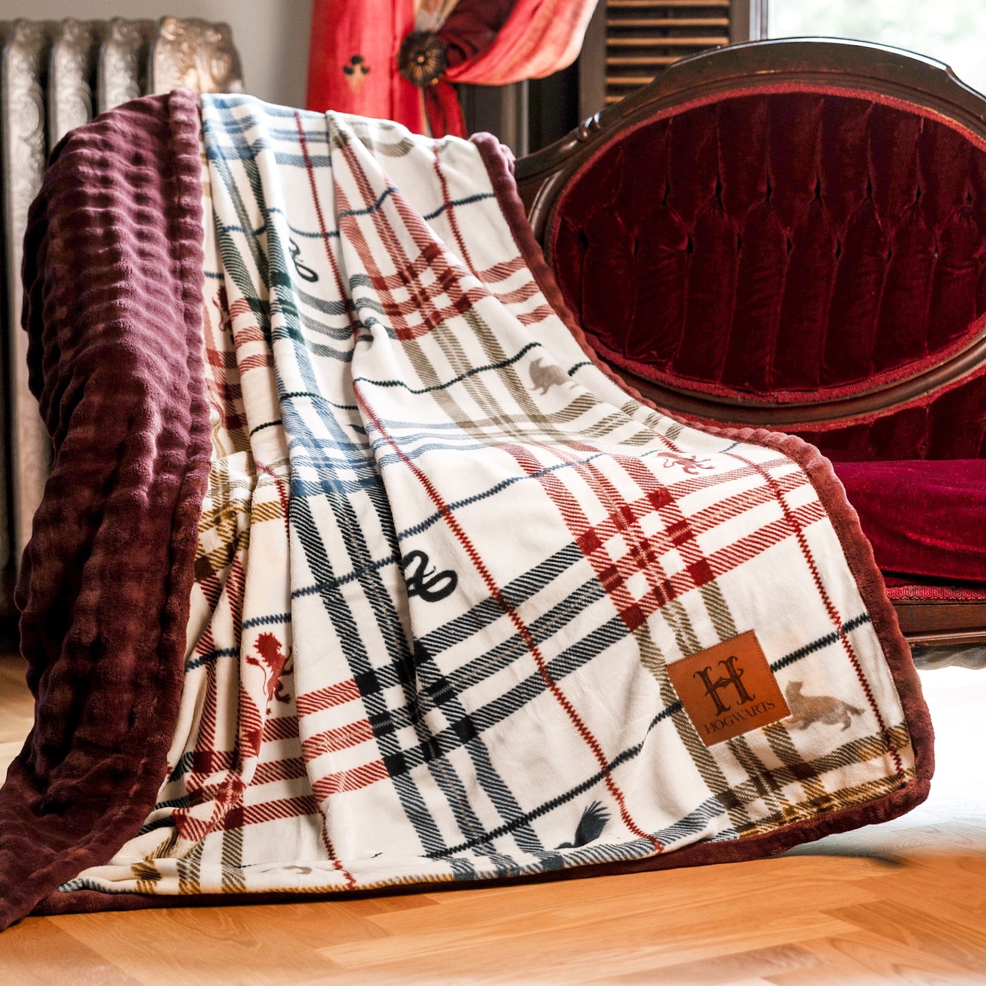Super Soft Flannel Academic Plaid Tartan Crest with Faux Leather Patch and Milky Mink Reverse Throw, 60x70 inches - Cozy Fleece Throw Blanket for Couch & Bed - Default Title