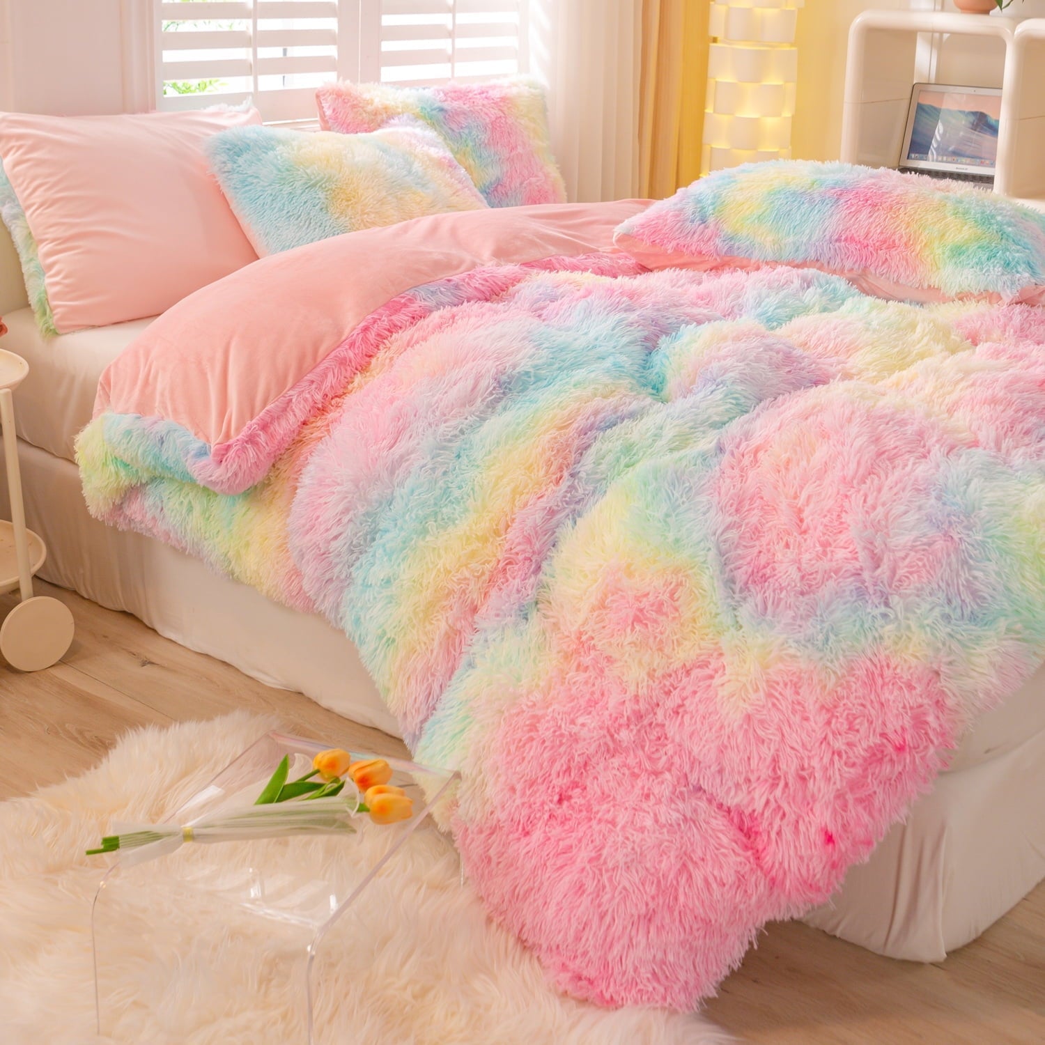 Heavyweight Warmth 3Pcs Pink Faux Fur Twin Comforter Set for Girls Tie Dye Rainbow Kid Bed Set Plush Shaggy Bedding Sets Fuzzy Bed Comfo... - Luxurious Quilted Duvet Cover Set Detail