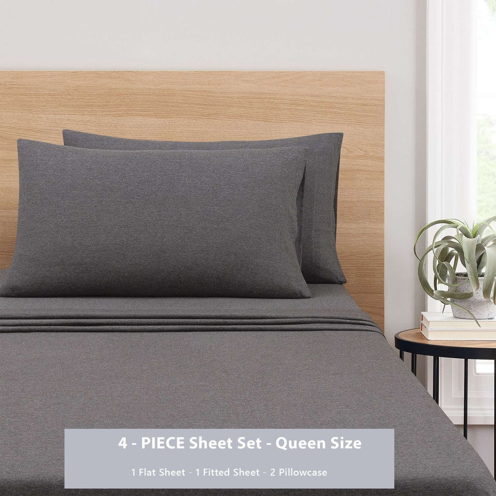 Ultra-Soft Cotton Rich Extra Soft Jersey Bed Sheet Set, Queen, Charcoal, 4 Pieces - Premium Ultra-Soft Pillowcase Pair for Sleeping Detail