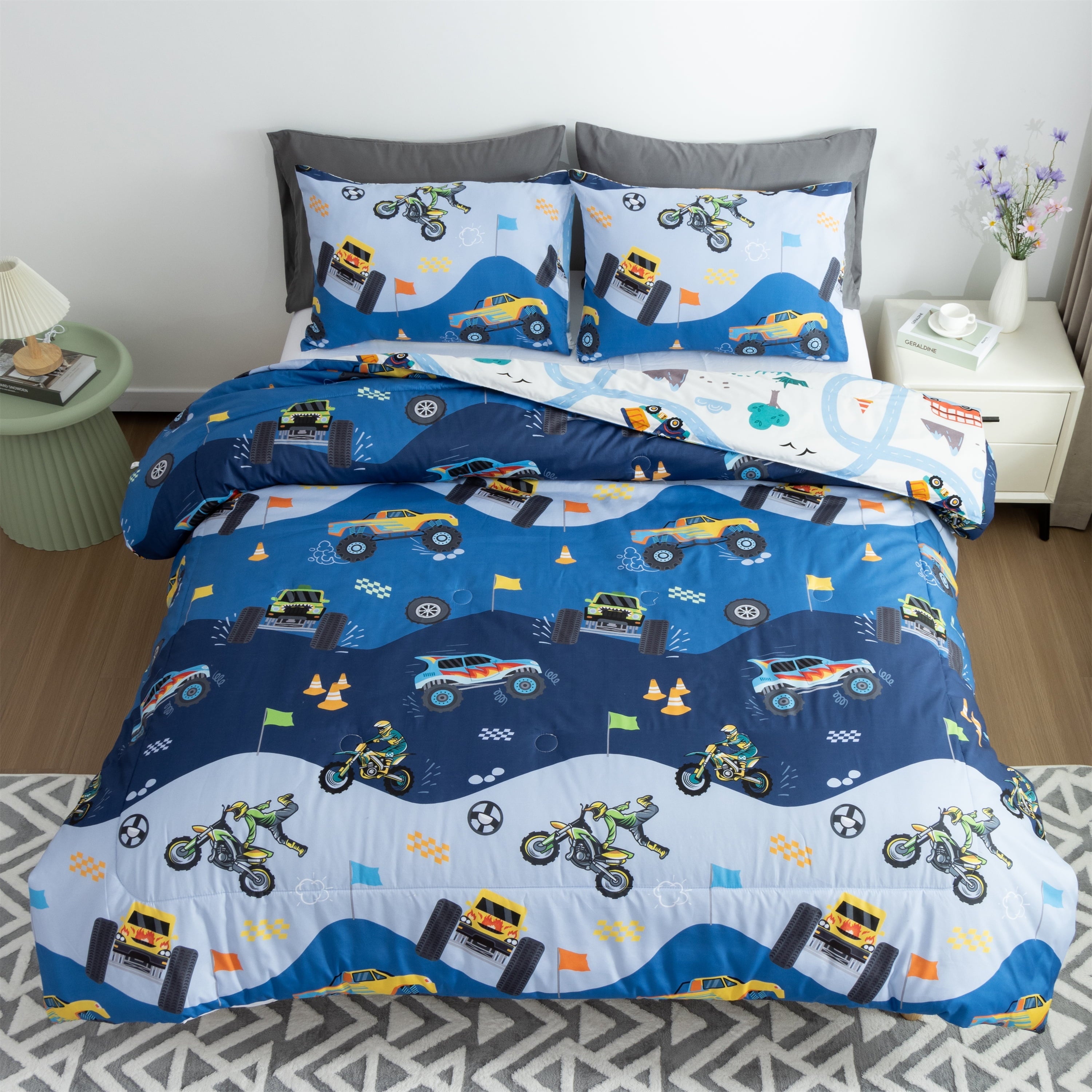 Hypoallergenic Cloud 3Pcs Reversible Construction Truck Twin Comforter Set for Boys Kids Excavator Vehicle Motorcycle Bedding Set Blue - All-Season Down Alternative Comforter Insert Detail
