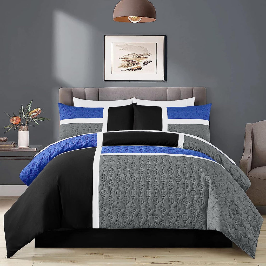 Heavyweight Warmth Bernard 7-Piece Full Bed in a Bag Comforter Set with Sheets, Lightweight Comforter Blue Black Gray Patchwork Quilted ... - Hypoallergenic Ultra-Fluffy Quilt for Winter Detail