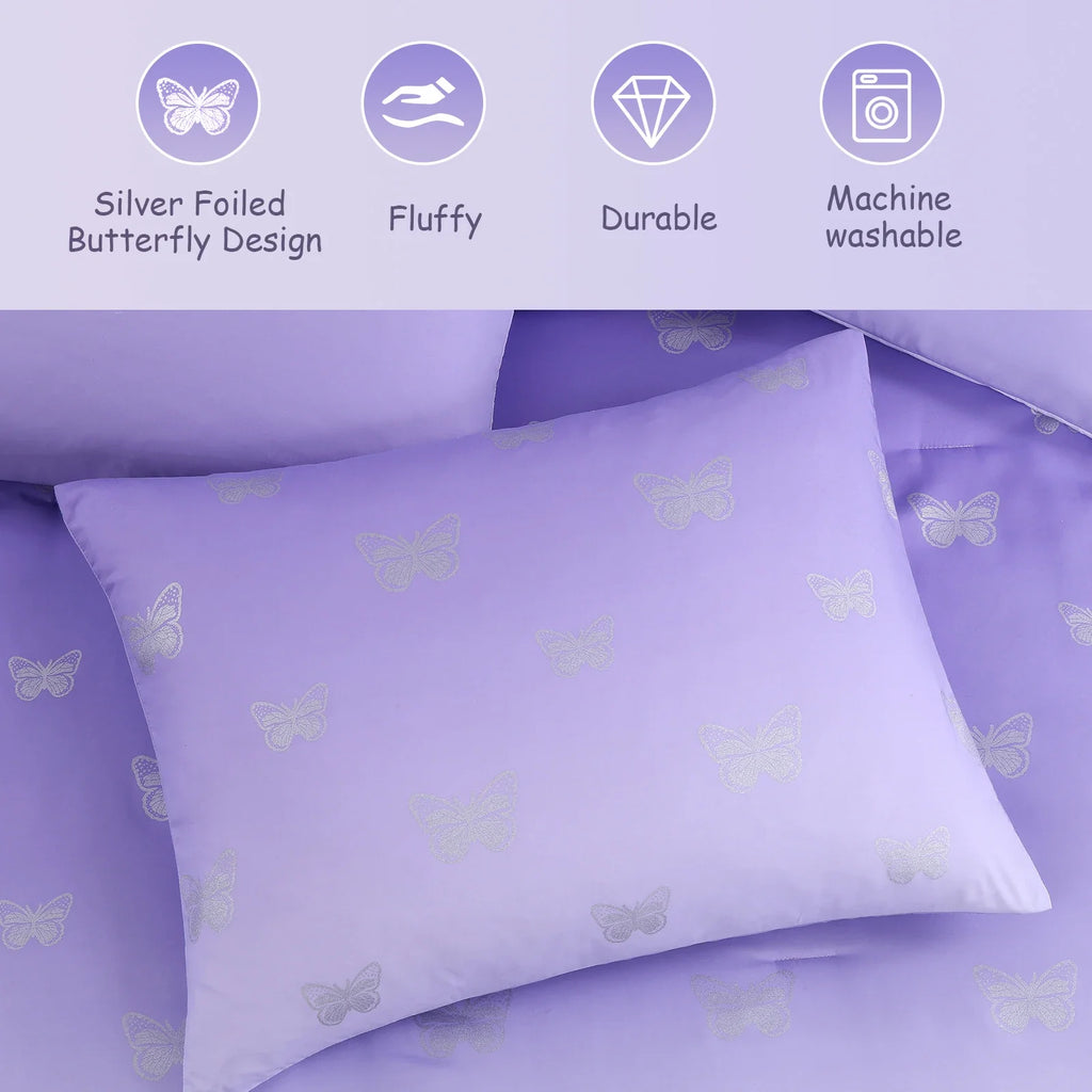 All-Season gold foil Design 7-piece Bed in a Bag Comforter Set with Sheets,Purple/Silver Butterflies,Full - Cloud-Like Soft Lightweight Bed Comforter Detail