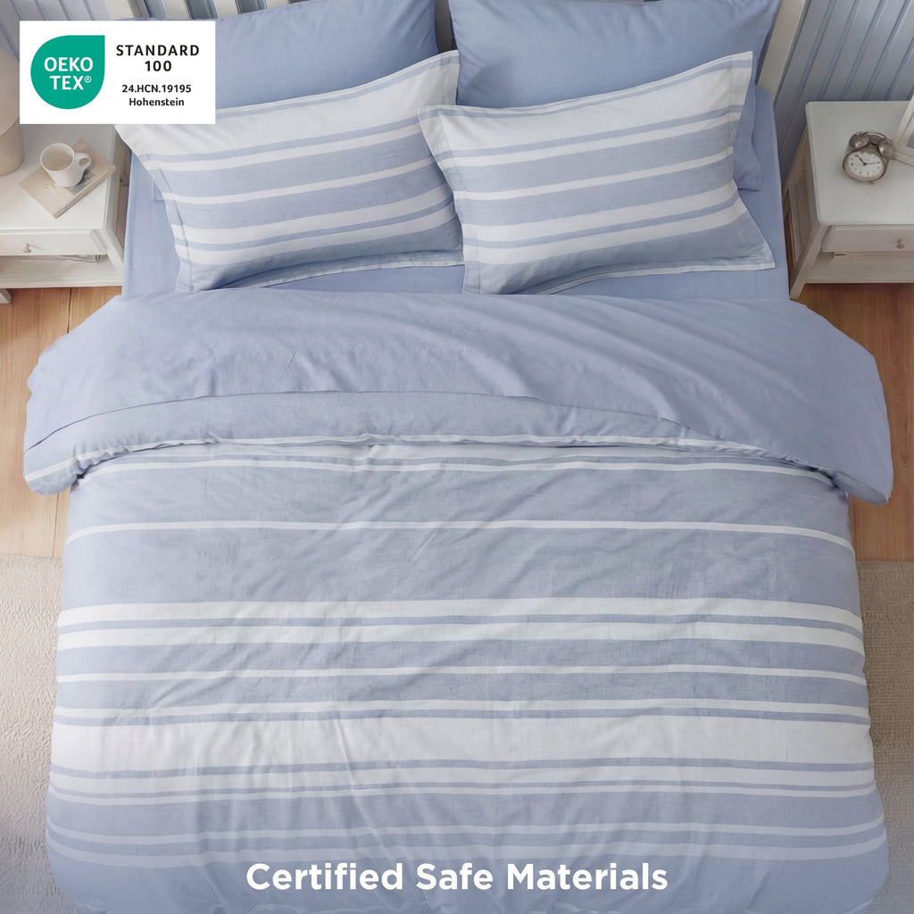 Heavyweight Warmth Queen Comforter Set Blue, Bed in a Bag Queen Size Bedding 7-Pieces, Striped Bedding Set for All Seasons - Luxurious Quilted Duvet Cover Set Detail