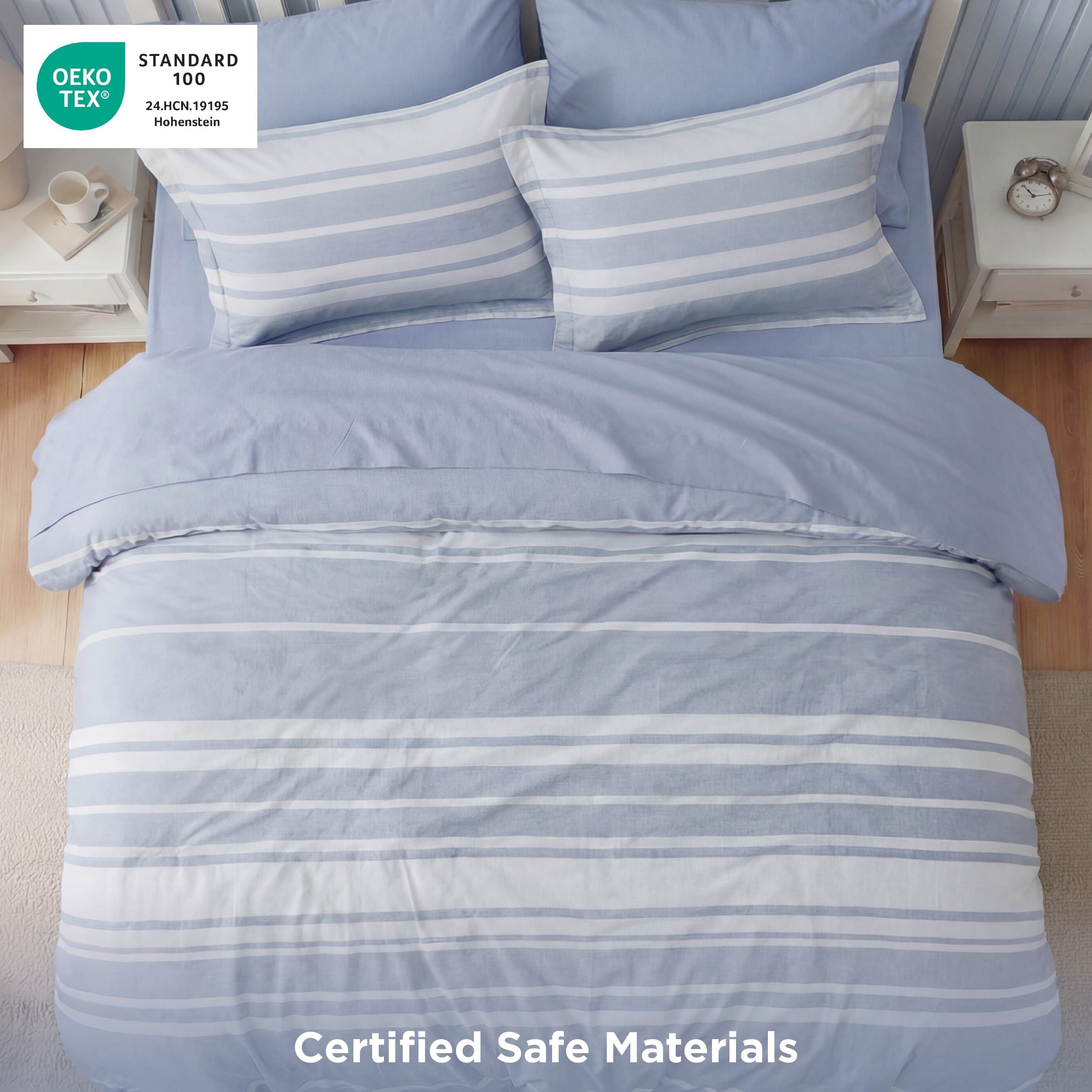 Heavyweight Warmth Queen Comforter Set Blue, Bed in a Bag Queen Size Bedding 7-Pieces, Striped Bedding Set for All Seasons - Luxurious Quilted Duvet Cover Set Detail