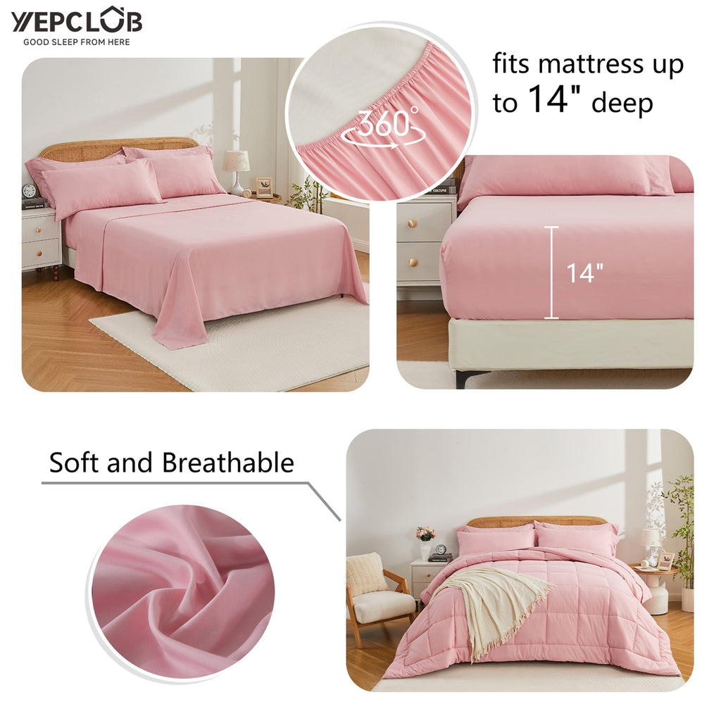Heavyweight Warmth 7-Piece Queen Size Comforter Set,Pink Reversible Bed in a Bag,All Season Solid Bedding Set with Sheets,Pillowcases & ... - Hypoallergenic Ultra-Fluffy Quilt for Winter Detail