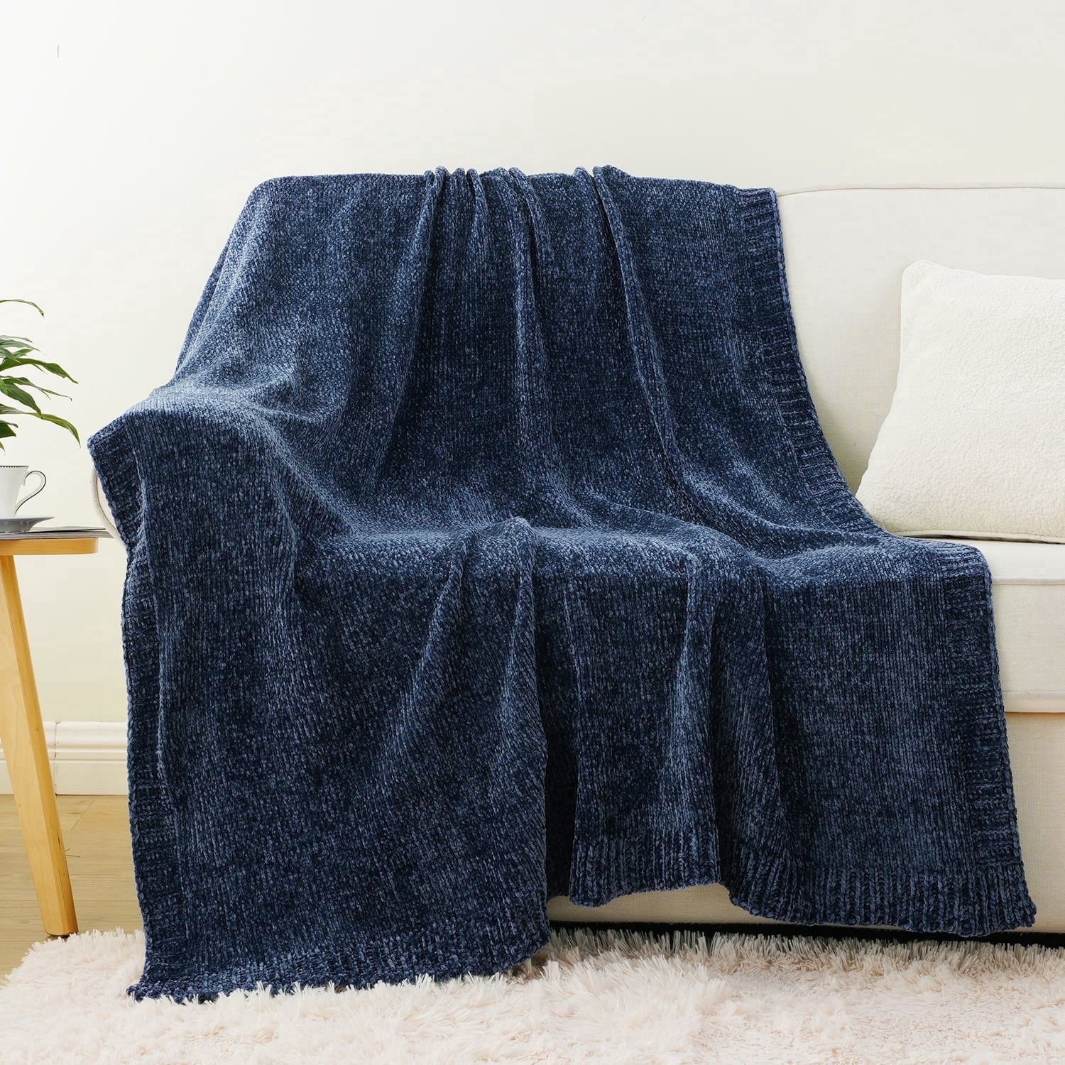 Decorative Knitted Navy Blue Chenille Throw for Couch Bed,Soft Navy Knit Blanket, Housewarming Gifts, 51"x 67" - Luxury Knitted Decorative Throw Blanket with Fringes Detail