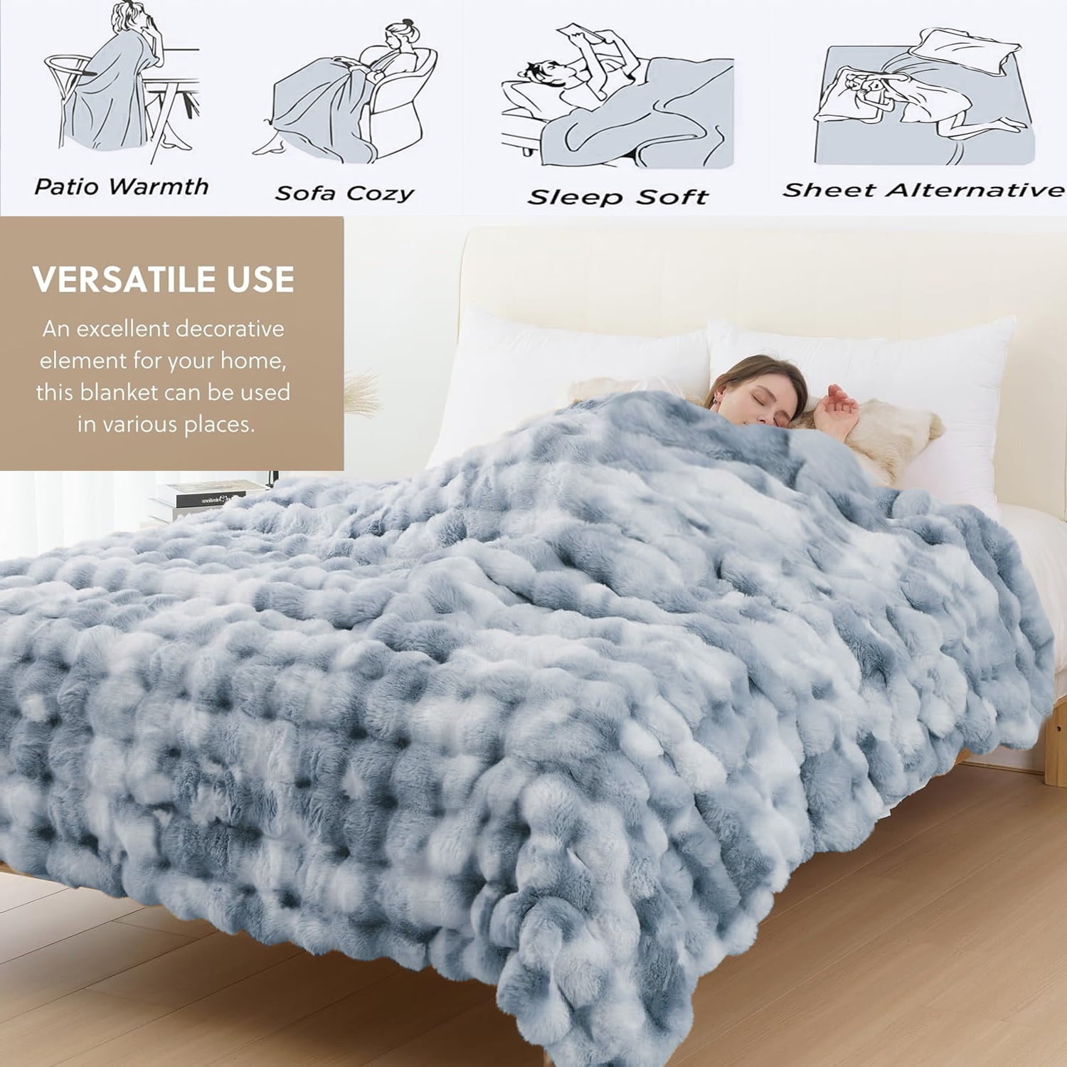 Super Soft Flannel Faux Fur Blanket Fluffy Luxury Throw Blanket Plush Fuzzy Blanket for Couch Bed 50×60 Inches Tie-dyed Blue - Cozy Fleece Throw Blanket for Couch & Bed Detail