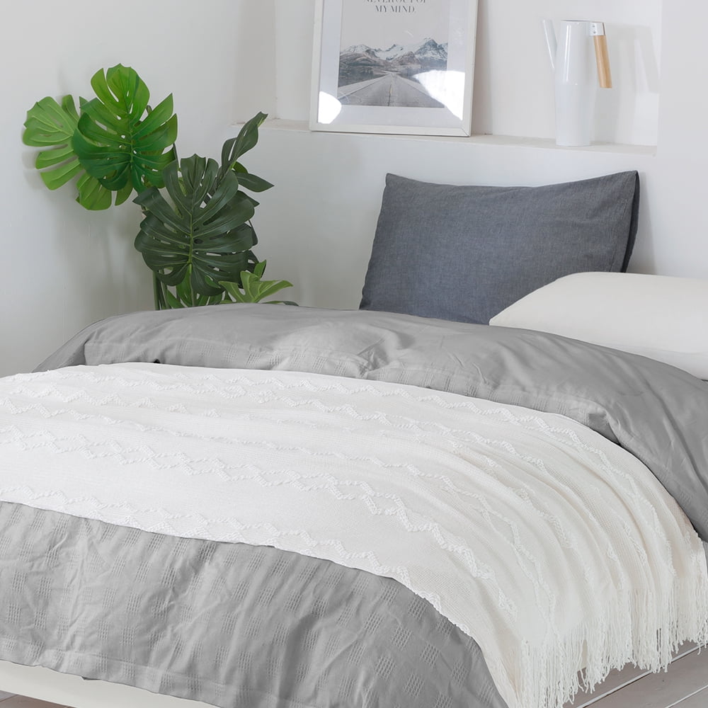 Super Soft Flannel Fluffy Chenille Knitted Fringe Throw Blanket, Lightweight Soft Cozy Bed Sofa Chair Blanket, White, 50" x 60" - Luxury Knitted Decorative Throw Blanket with Fringes Detail